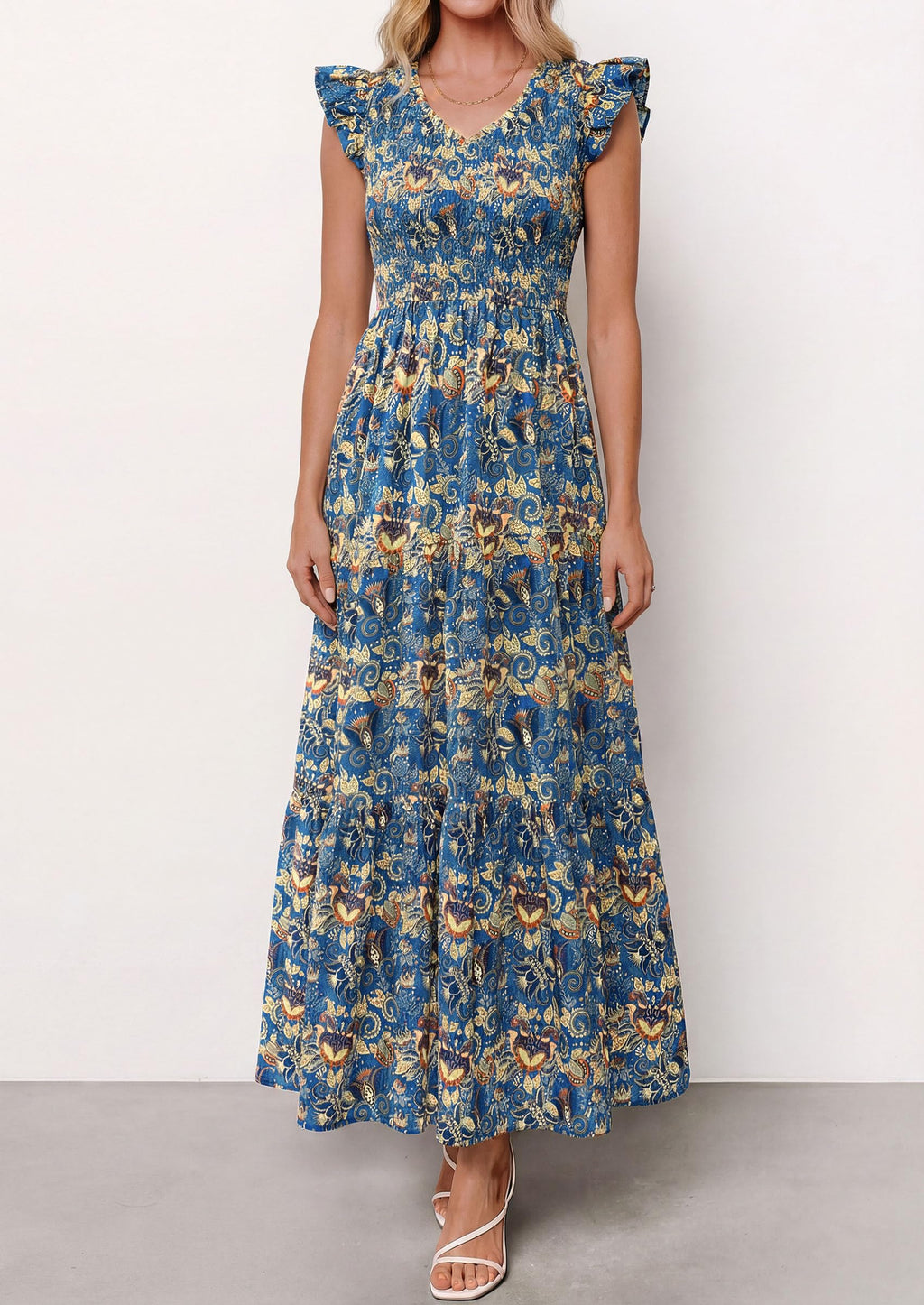 PRETTYGARDEN Women's Boho Floral Maxi Dress Summer Smocked V Neck Ruffle Sleeve Spring Flowy Beach Vacation Sundresses