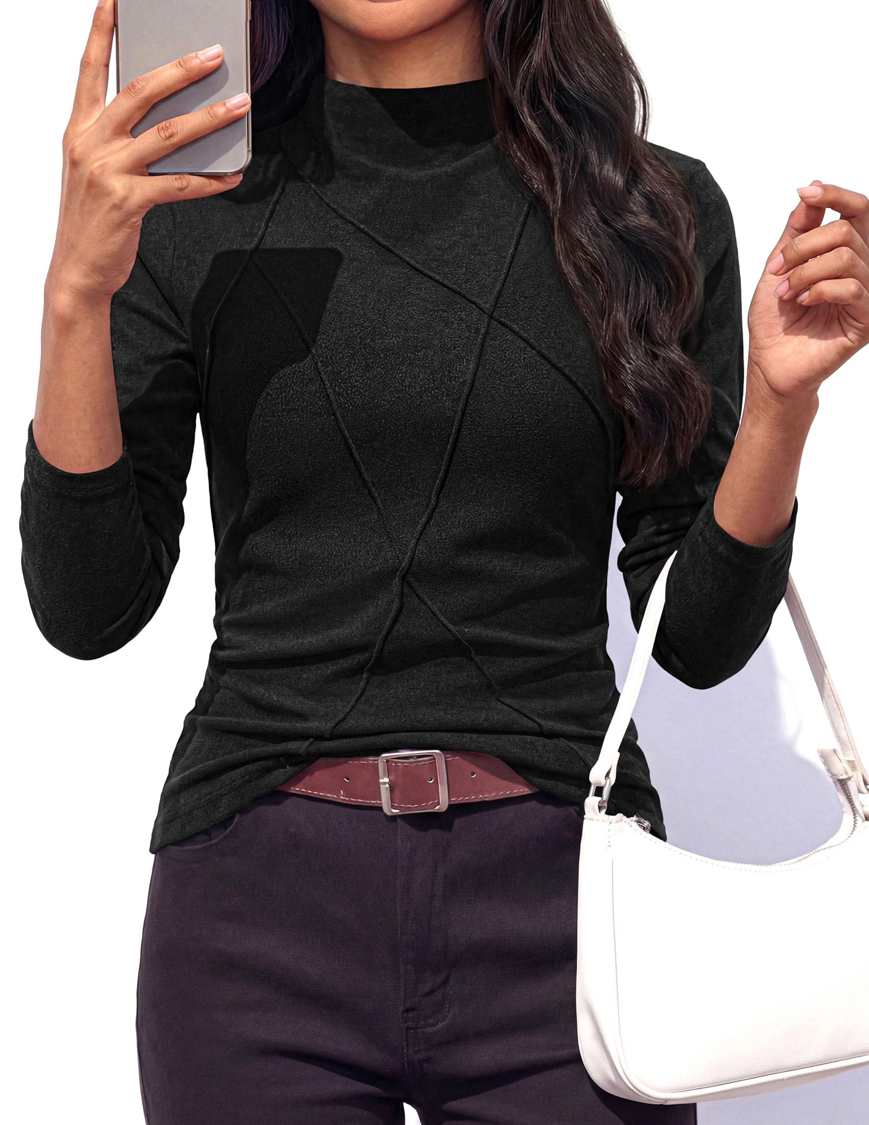 PRETTYGARDEN Women's Fall Mock Neck Long Sleeve Shirts | Soft Stretchy Knit,Geometric Seam Stitching,Slim Fitted Basic Tees,Thermal Casual Wear,Daily Work Layering Winter Tunic Top