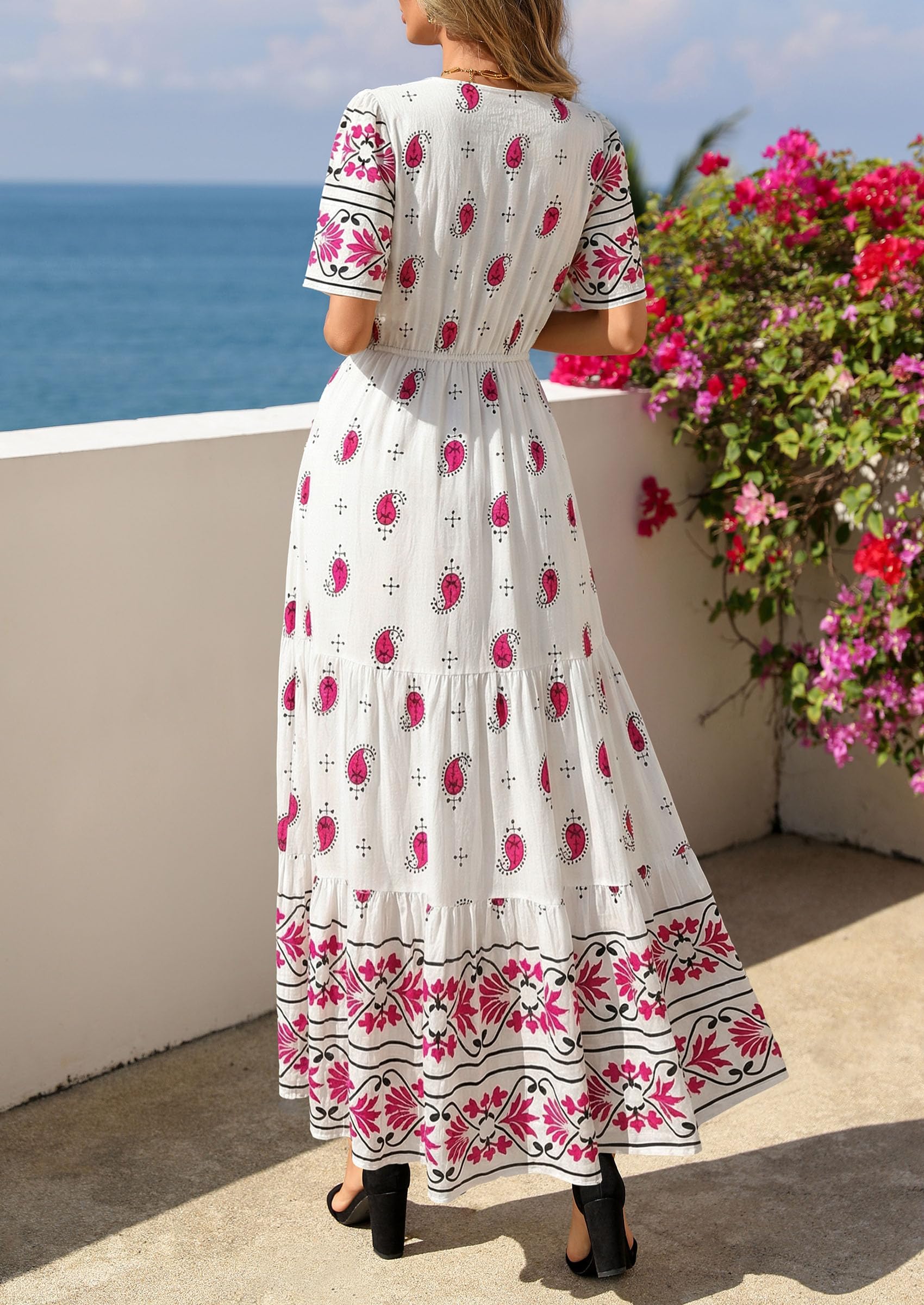 PRETTYGARDEN Womens Summer Boho Maxi Dress Trendy Short Sleeve V Neck Flowy Beach Floral Dresses with Pockets