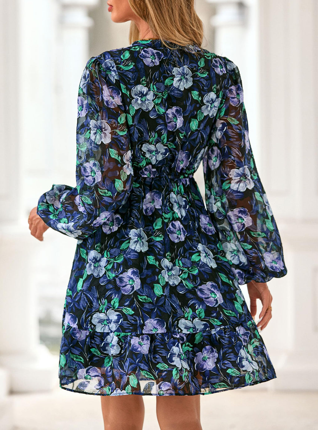 PRETTYGARDEN Women's Fall Boho Dresses  Floral Long Sleeve V Neck Mini Flowy Wedding Guest Dress Trendy Vacation Outfits