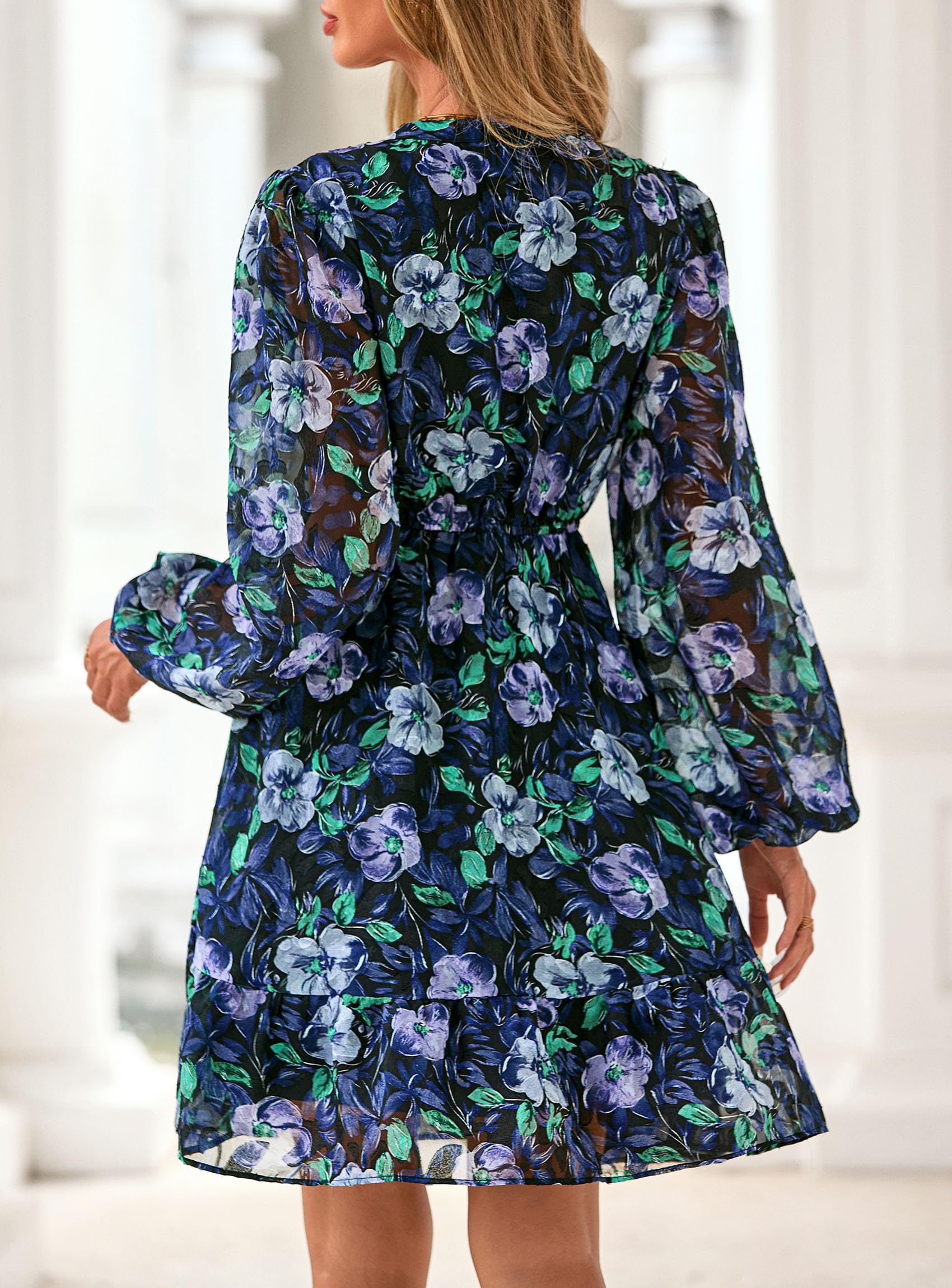 PRETTYGARDEN Women's Fall Boho Dresses  Floral Long Sleeve V Neck Mini Flowy Wedding Guest Dress Trendy Vacation Outfits