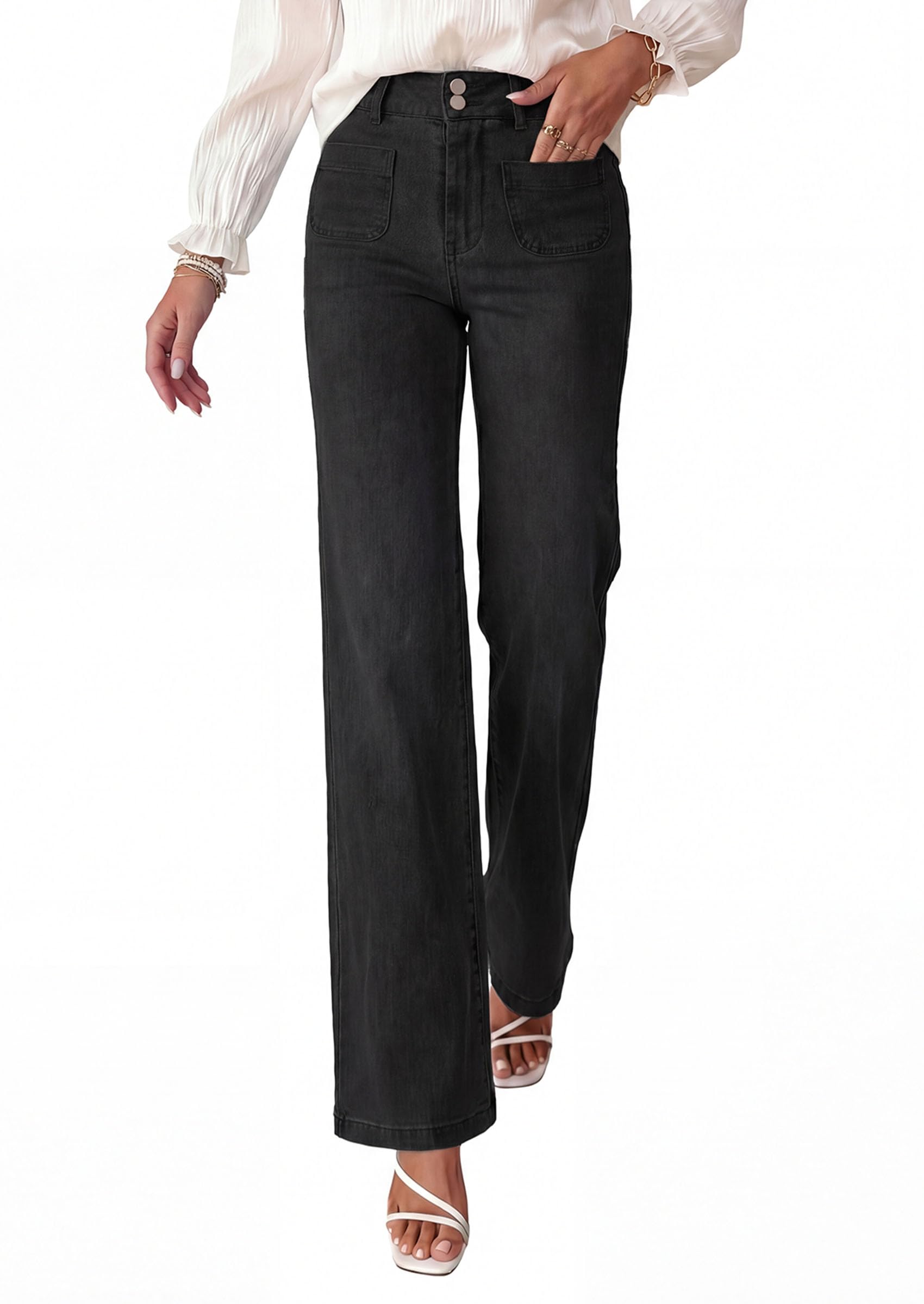 PRETTYGARDEN Womens Wide Leg Jeans High Waisted Stretchy | High Rise Flare Jeans with Front Patch Pockets, Loose Fit Daily Wear Denim, Trendy Office Work Pants, Business Casual Outfits
