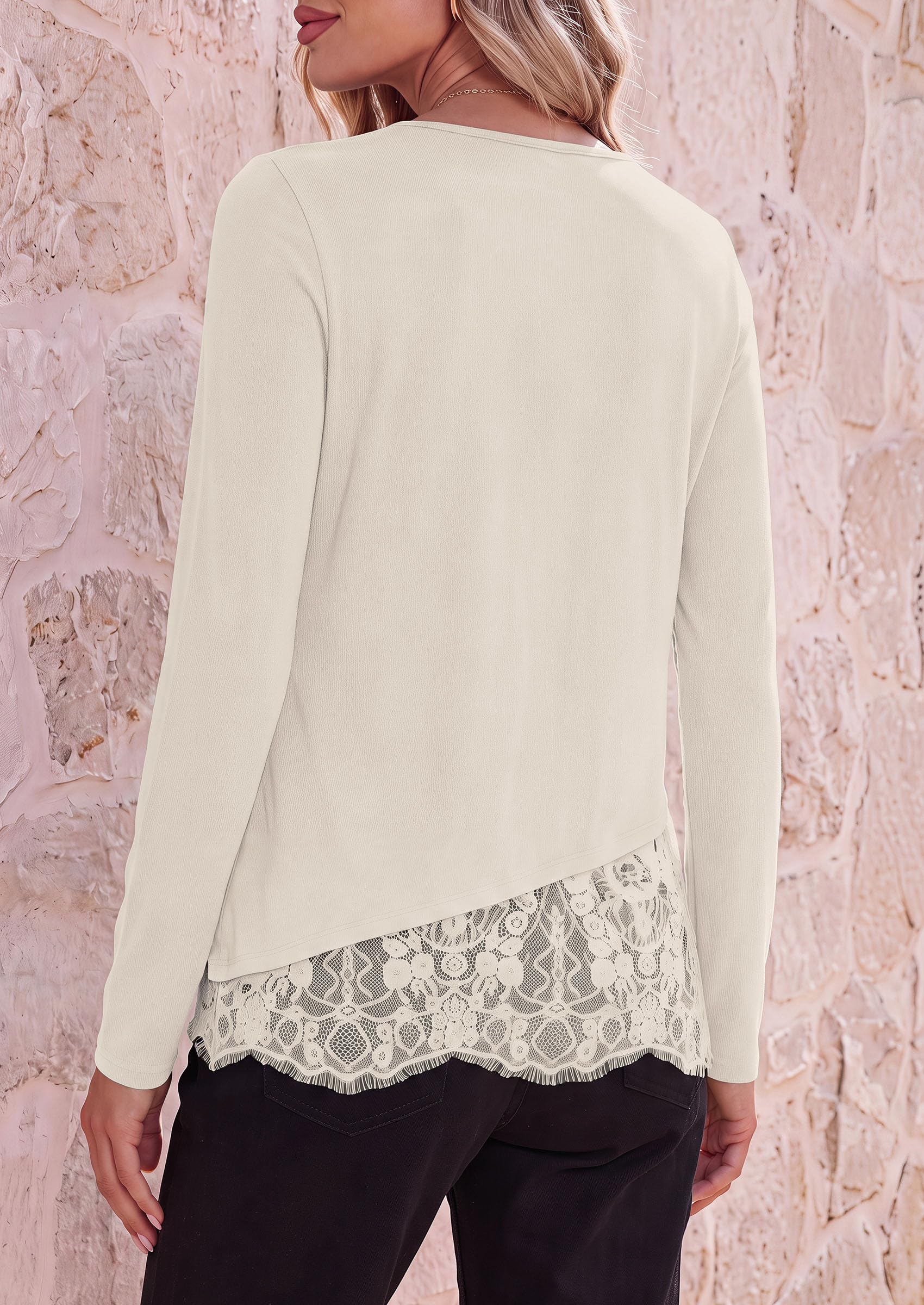 PRETTYGARDEN Women's Lace Patchwork Long Sleeve Shirts | Soft Casual Tops,Irregular Asymmetrical Hem,Crew Neck Thermal Blouses,Loose Fit Layer Tee,Fashion Fall Winter Daily Wear