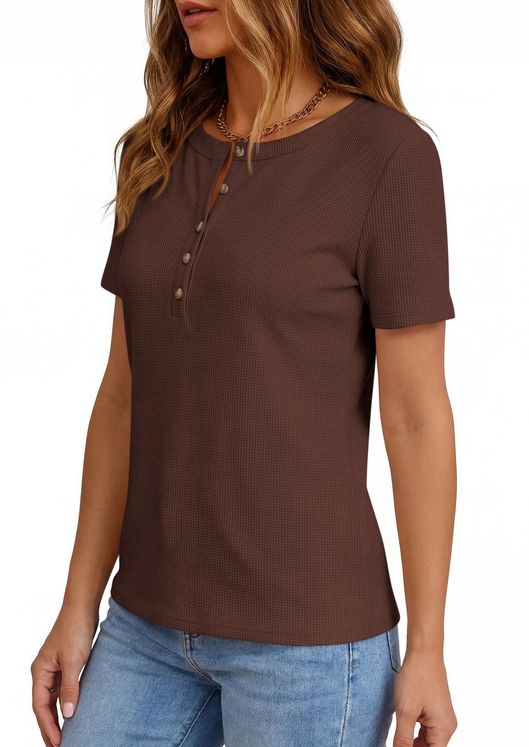 PRETTYGARDEN Waffle Knit Tops for Women Short Sleeve Henley Shirts  Summer Blouses Dressy Casual Spring Fashion Clothes