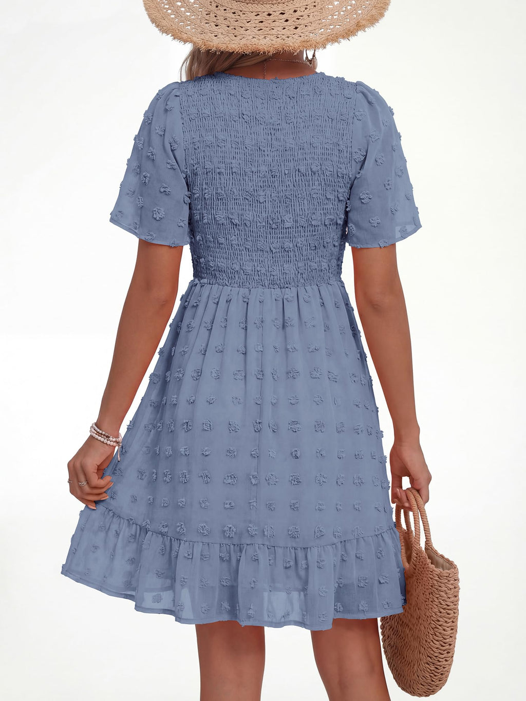 FreshPretty Womens Beach Vacation Dress Summer V Neck Short Sleeve Smocked Swiss Dot Ruffle Casual Mini Spring Dresses