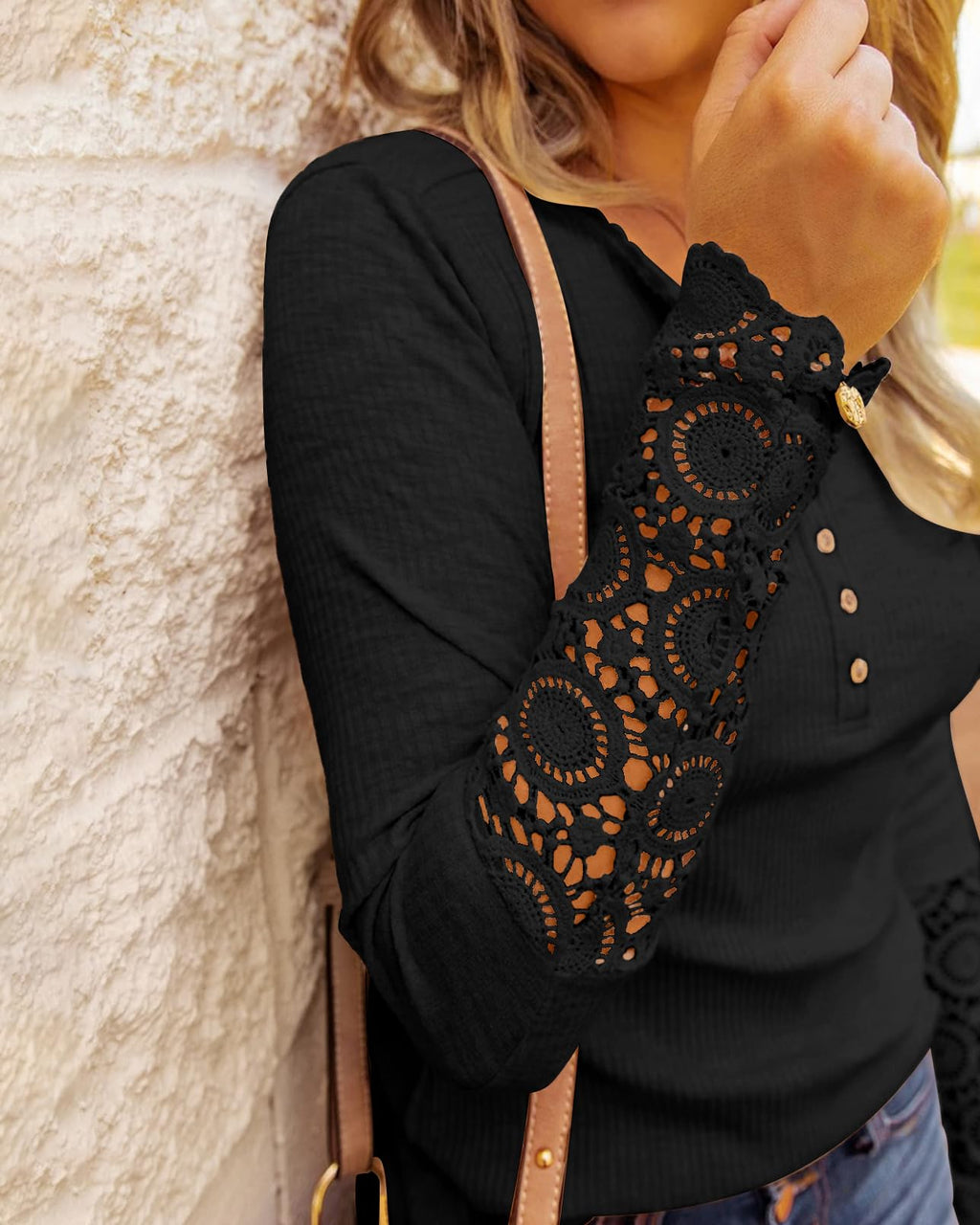 FreshPretty Women Long Sleeve Shirts Spring Solid Button Up V Neck Lace Long Sleeves Slim Fit Knit Casual Fall T-Shirts