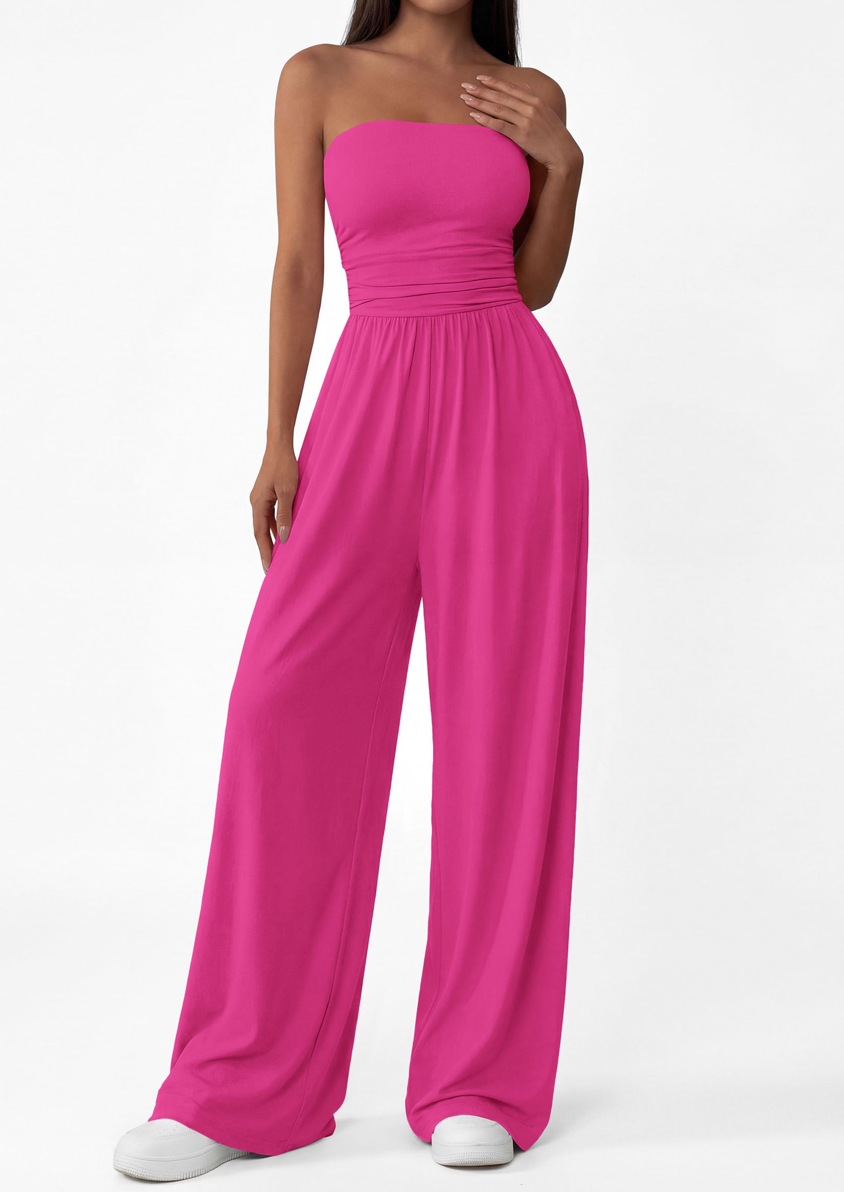 PRETTYGARDEN Womens Trendy Strapless Rompers Ruched Tube Top Wide Leg One Piece Jumpsuits Beach Vacation Summer Outfits
