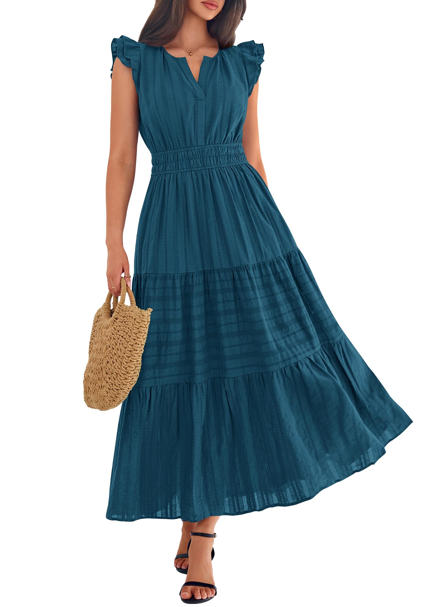 BTFBM Womens Summer Maxi Dress  Spring Boho Vacation Ruffle Flutter Short Sleeve A Line Tiered Flowy Dresses Pockets