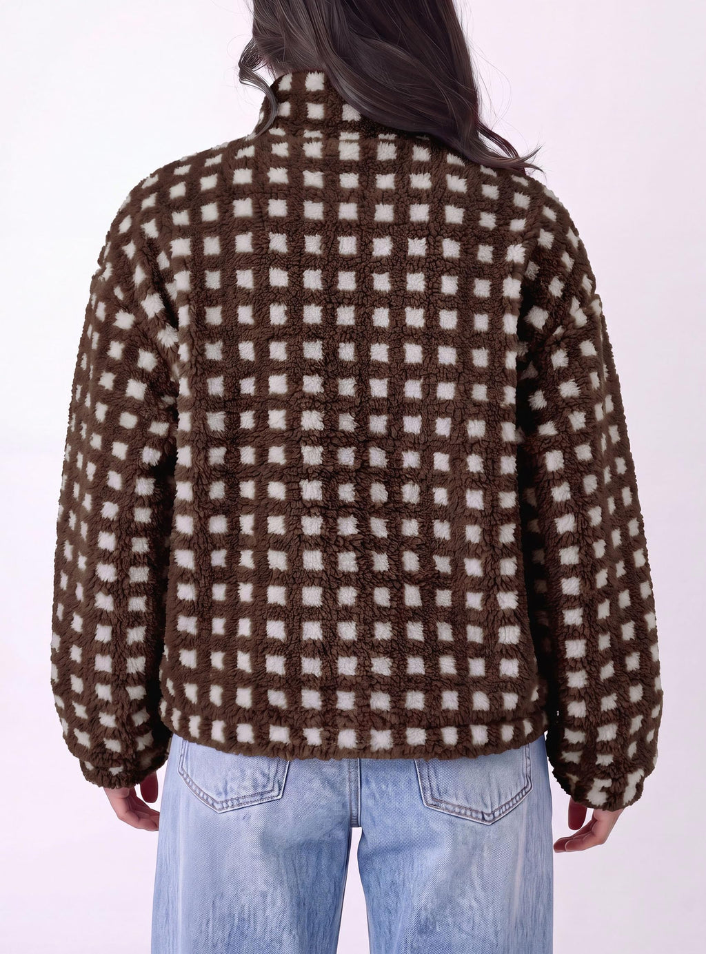 PRETTYGARDEN Women's Gingham Sherpa Fleece Jacket Plaid Cropped Teddy Coat Trendy Y2K Winter Jacket, Zip Up Stand Collar, Side Pockets, Fall Outfit for Casual Daily, Going Out, Streetwear, Outdoor