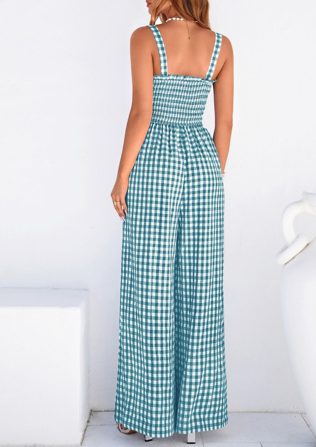 PRETTYGARDEN One Piece Jumpsuits for Women Casual Summer Cruise Outfits  Spring Fashion Smocked Wide Leg Gingham Rompers