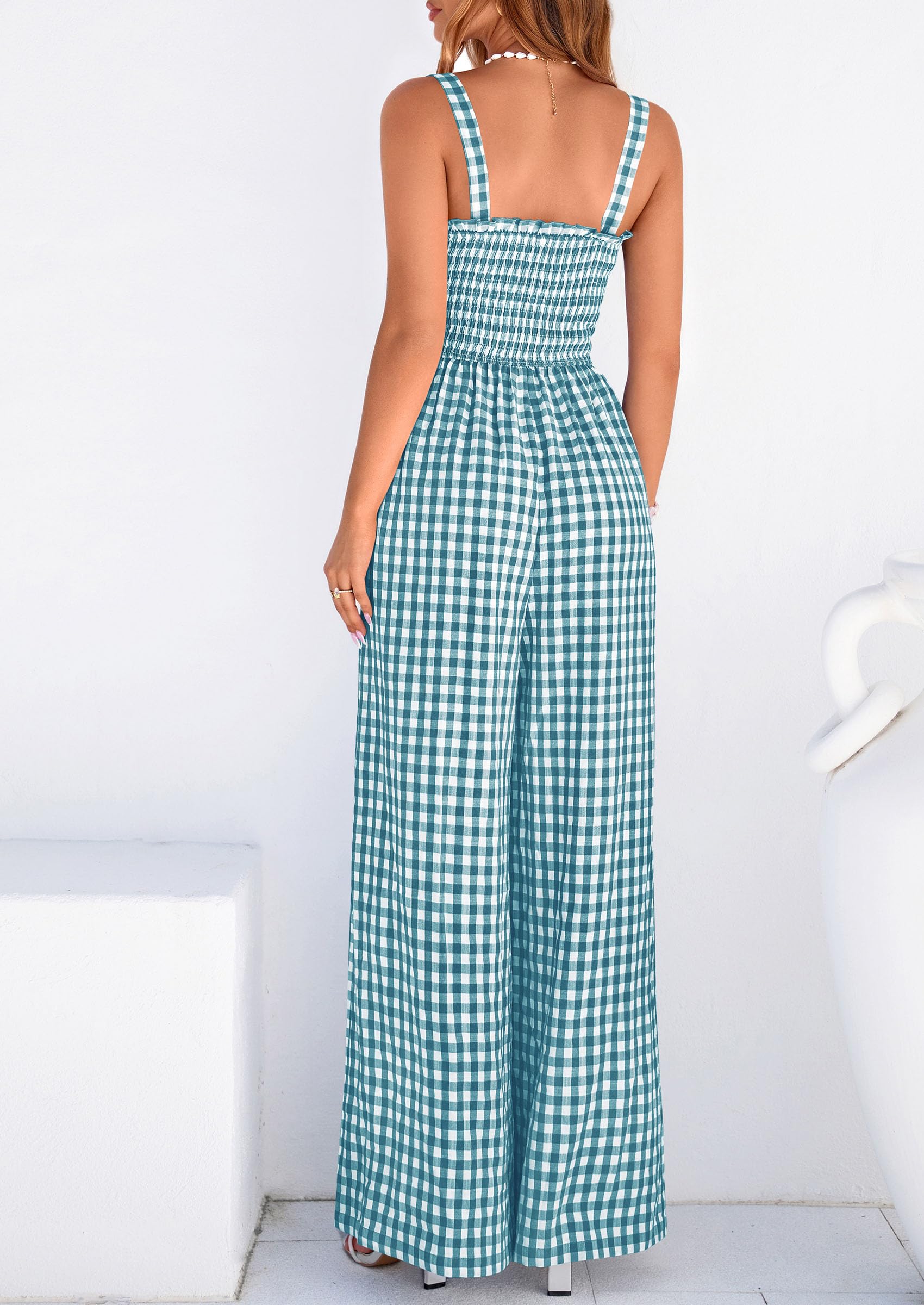 PRETTYGARDEN One Piece Jumpsuits for Women Casual Summer Cruise Outfits  Spring Fashion Smocked Wide Leg Gingham Rompers
