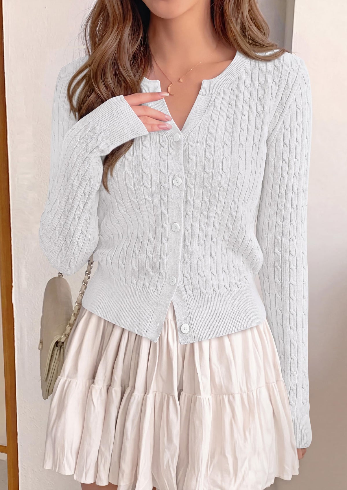 FreshPretty Women's Cable Knit Cropped Cardigan Sweater V Neck Button Down | Soft Lightweight Cable Knit, Long Sleeve, V Neck Button Front, Cropped Ribbed Trim, Business Casual Fall Winter Layering