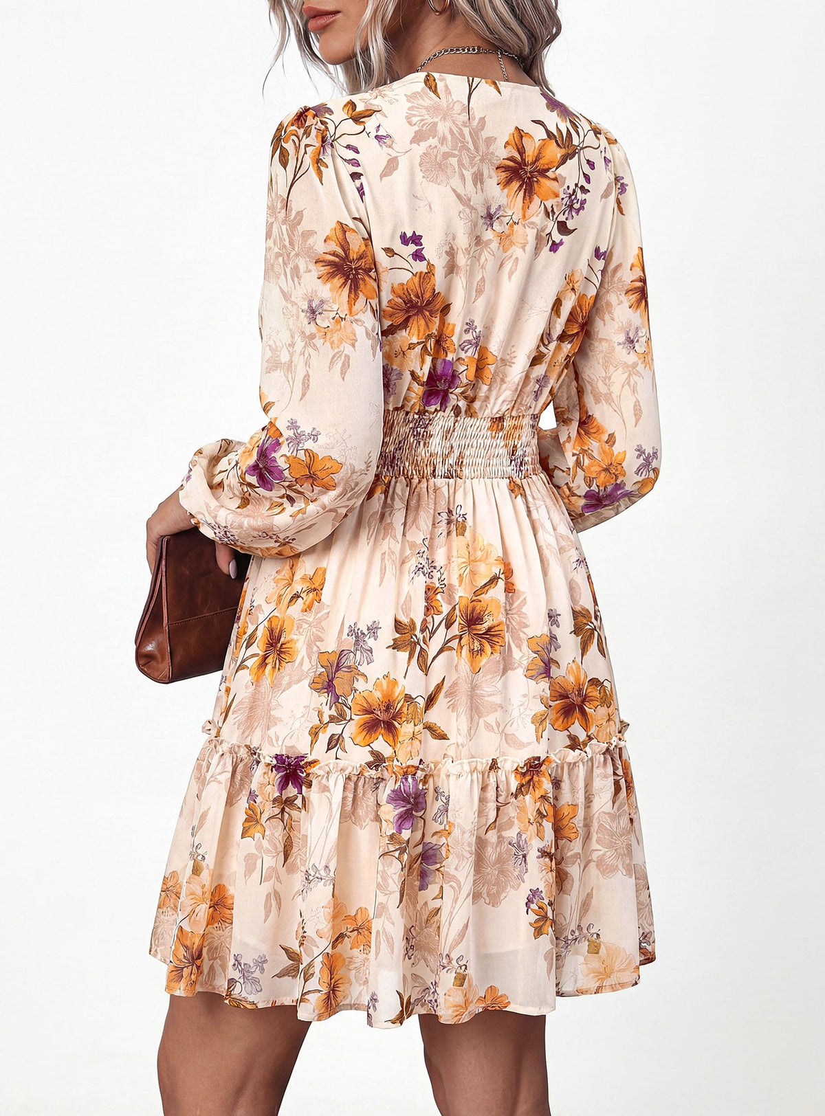 PRETTYGARDEN Women Floral Long Sleeve Mini Dress | Fall Wedding Guest Dresses, V Neck, Fit & Flare, Ruffle Hem A-Line, Short Chiffon Dress, Elegant Holiday Party, Date Outfits