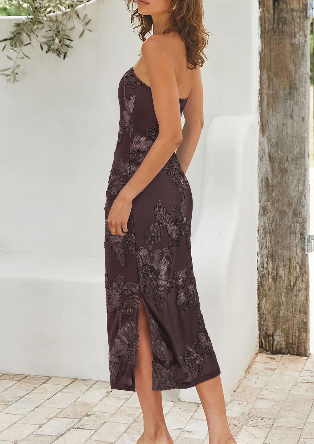 PRETTYGARDEN Women's Summer Wedding Guest Floral Midi Dress Strapless Tube Top, Side Slit, Bodycon Mesh, Elegant Cocktail Dresses for Homecoming Party, Birthday, Dinner, Formal Gowns