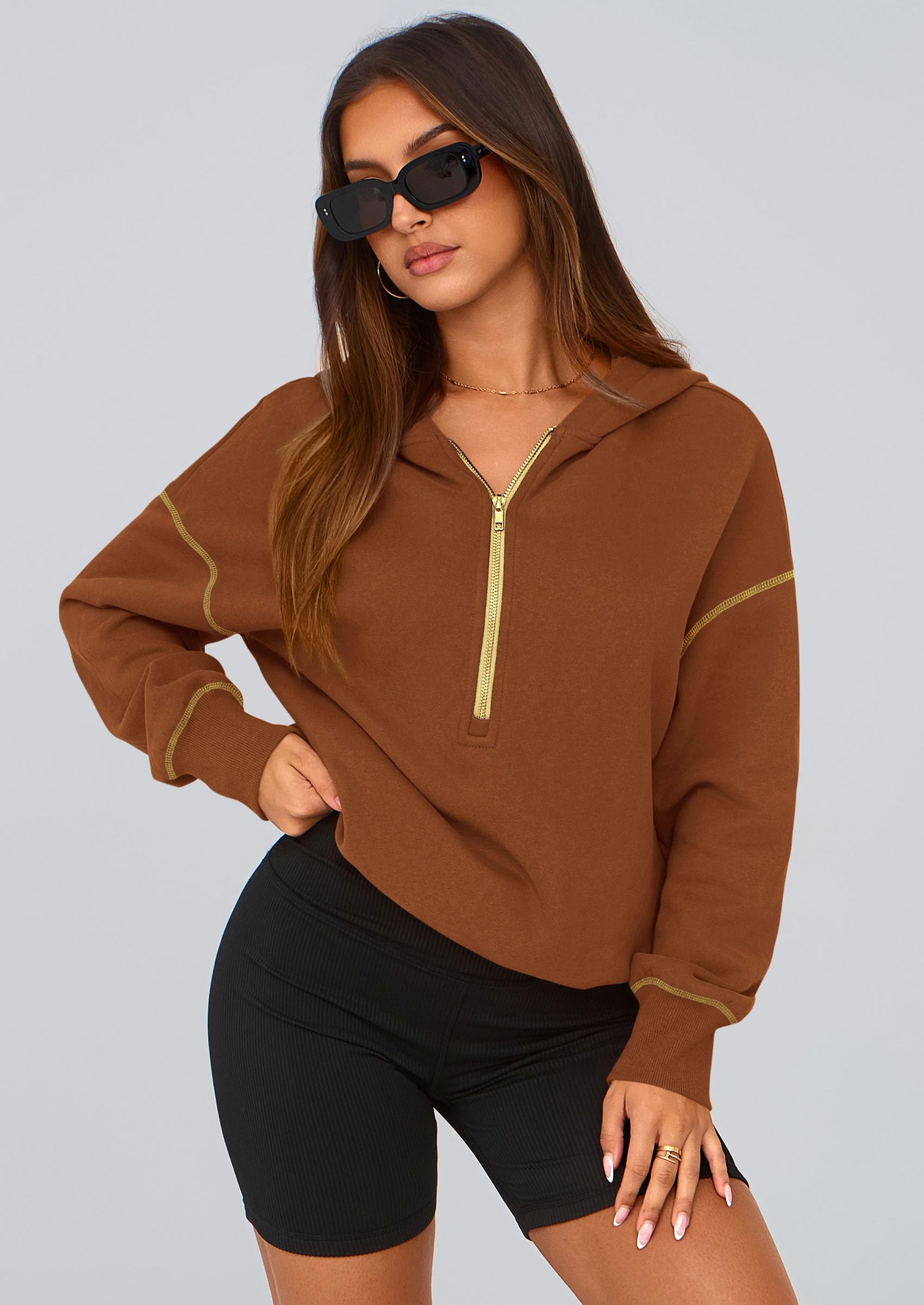 PRETTYGARDEN Women's  Fall Hooded Sweatshirts Long Sleeve Half Zip Cropped Hoodies Pullover Winter Fashion Clothes