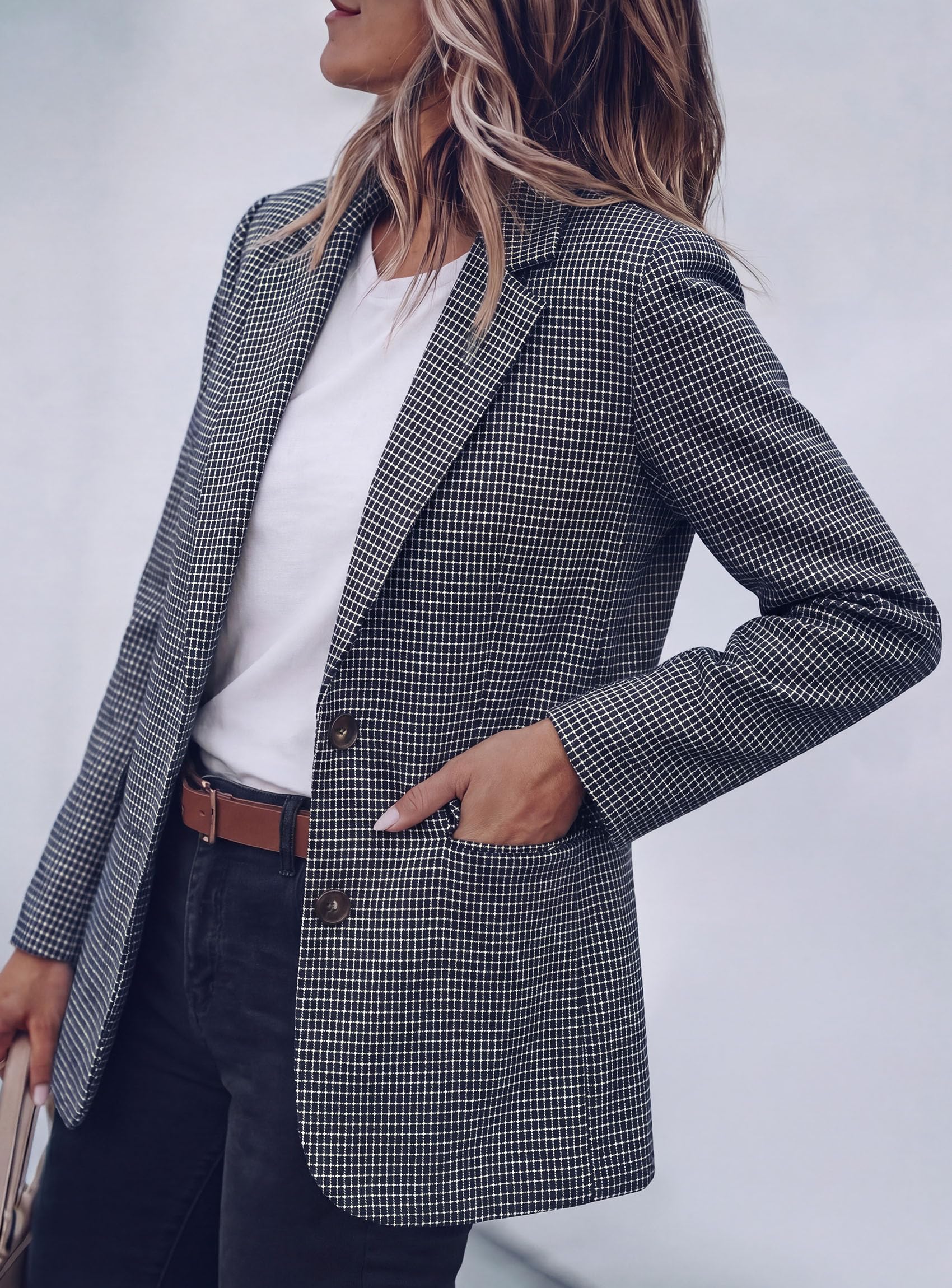 PRETTYGARDEN Fall Blazers for Women Business Casual | Long Sleeve Plaid Houndstooth, Notch Lapel Pockets, Oversized Blazer Outerwear, Trendy Suit Jackets, 2026 Winter Work Outfits