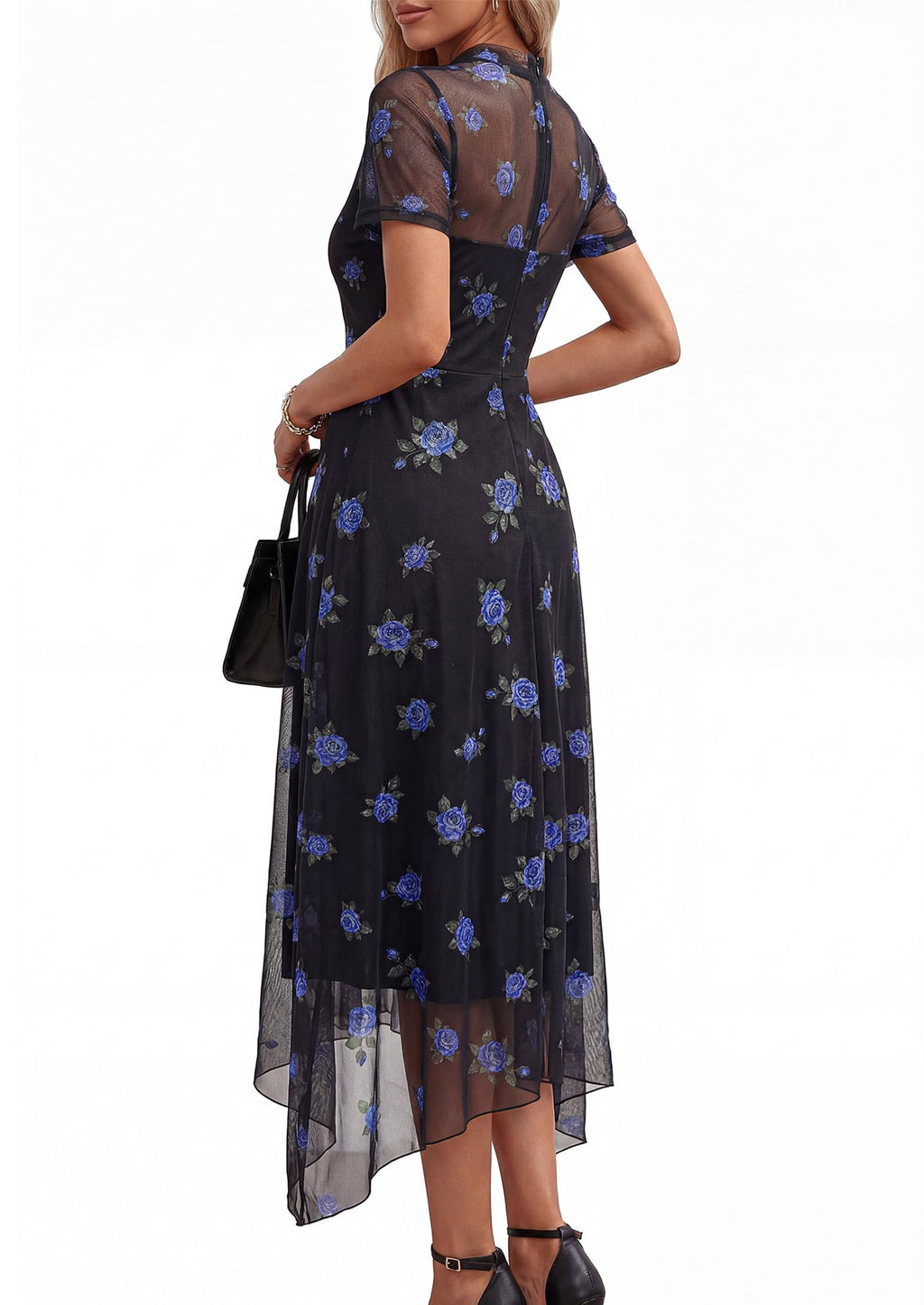 PRETTYGARDEN Cocktail Dresses for Women  Summer Short Sleeve Floral Mesh Sheer Midi Party Wedding Guest Dress