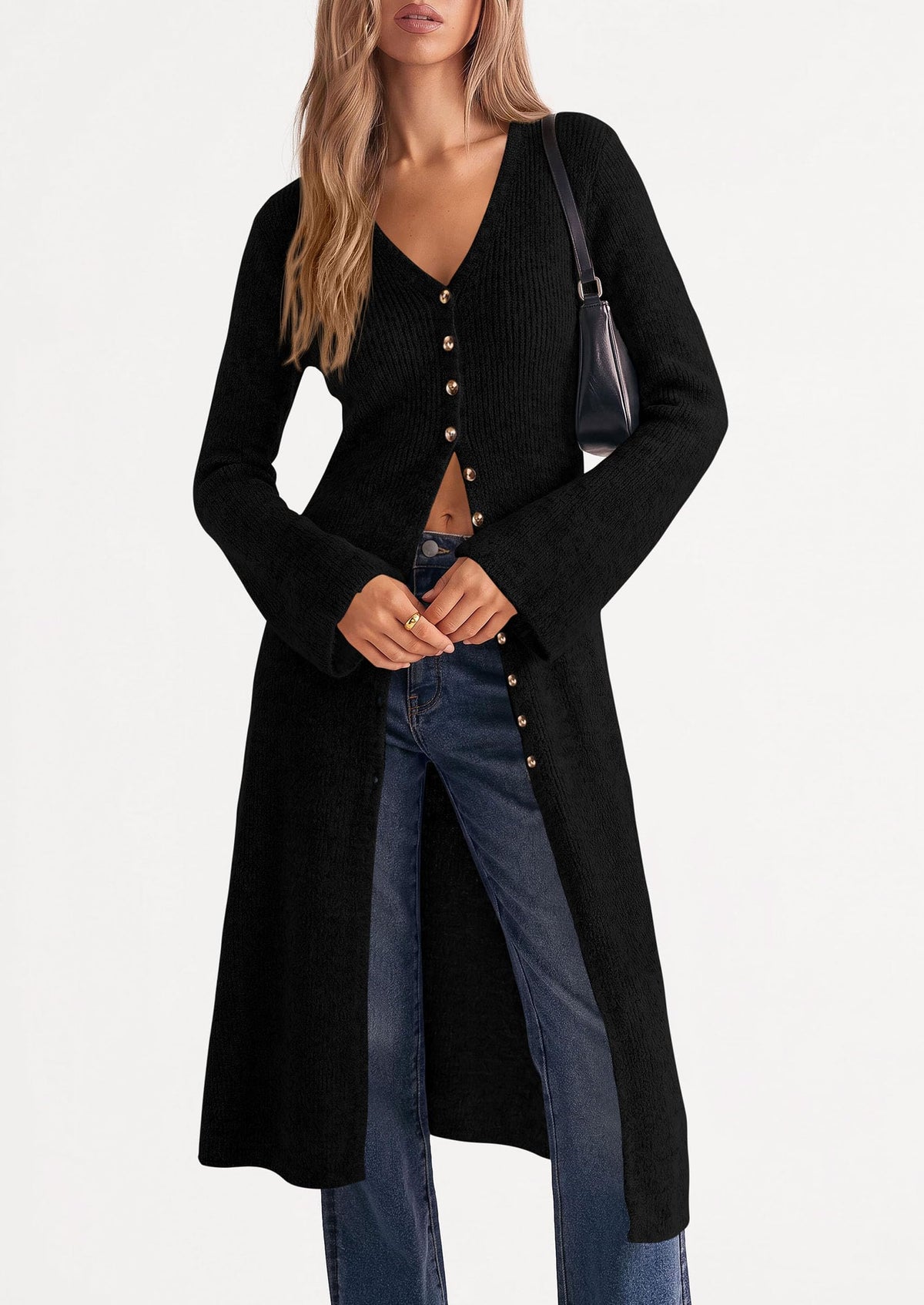 PRETTYGARDEN Women Long Cardigan Bell Sleeve Sweater Dress Early Fall Fashion, V Neck Button Down Coats, Fit and Flare, Duster Sweater, Acrylic Cotton Blend
