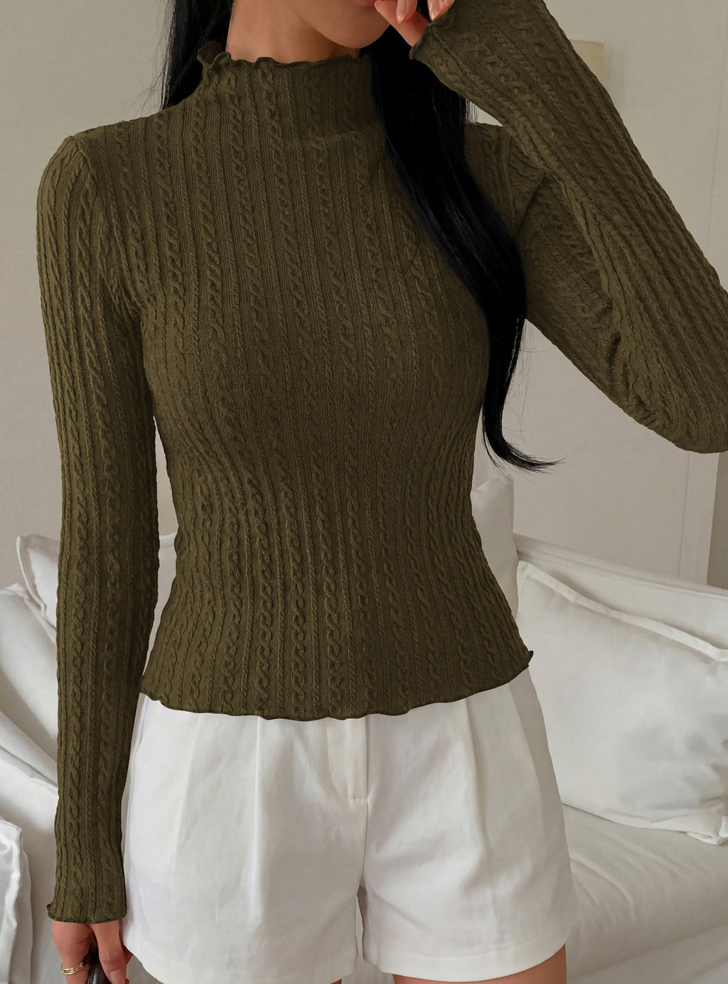 PRETTYGARDEN Women's Fall Long Sleeve Fitted Shirts | Comfy Stretchy Cable Knit, Trendy Lettuce Trim Mock Neck, Casual Basic Tees, Cute Layering Tops, 2026 Fashion Clothing
