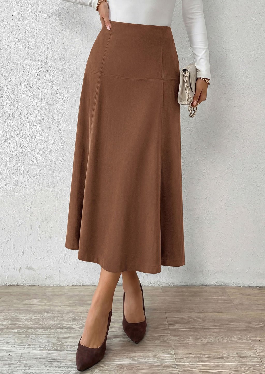 PRETTYGARDEN Womens High Waist Faux Suede A Line Midi Skirt | Hidden Stretch Elastic Waist, Front Back Panel Stitching, Vintage Elegant Mid-Calf Long Skirts for Fall Winter Office Daily