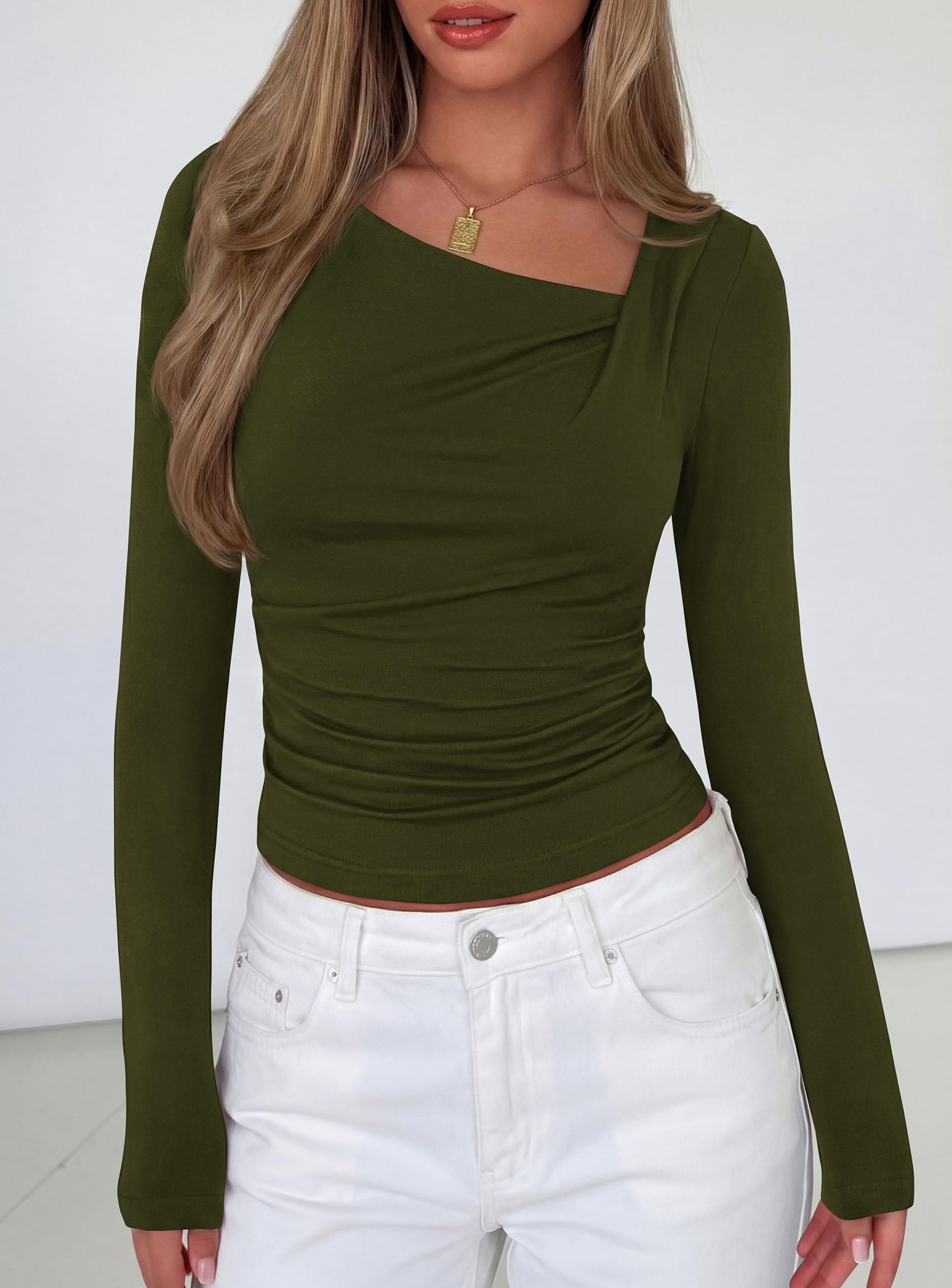 PRETTYGARDEN Women's  Long Sleeve T Shirts Asymmetrical Y2K Slim Fitted Going Out Trendy Tops Early Fall Fashion Clothing