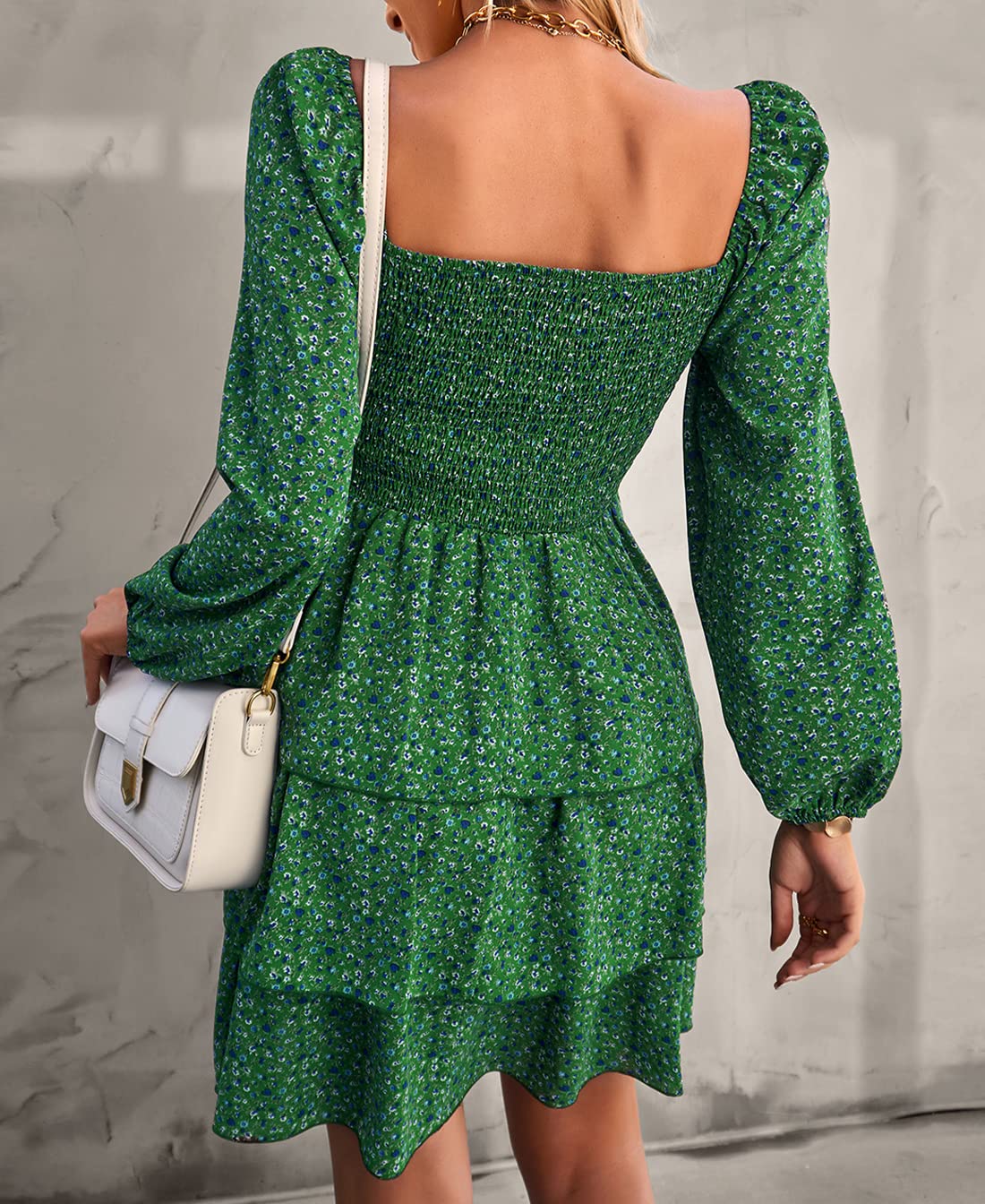 FreshPrettyWomen Square Neck Smocked Dresses Summer Spring Long Sleeve Floral Swiss Dot Mini Boho Wedding Guest Dress