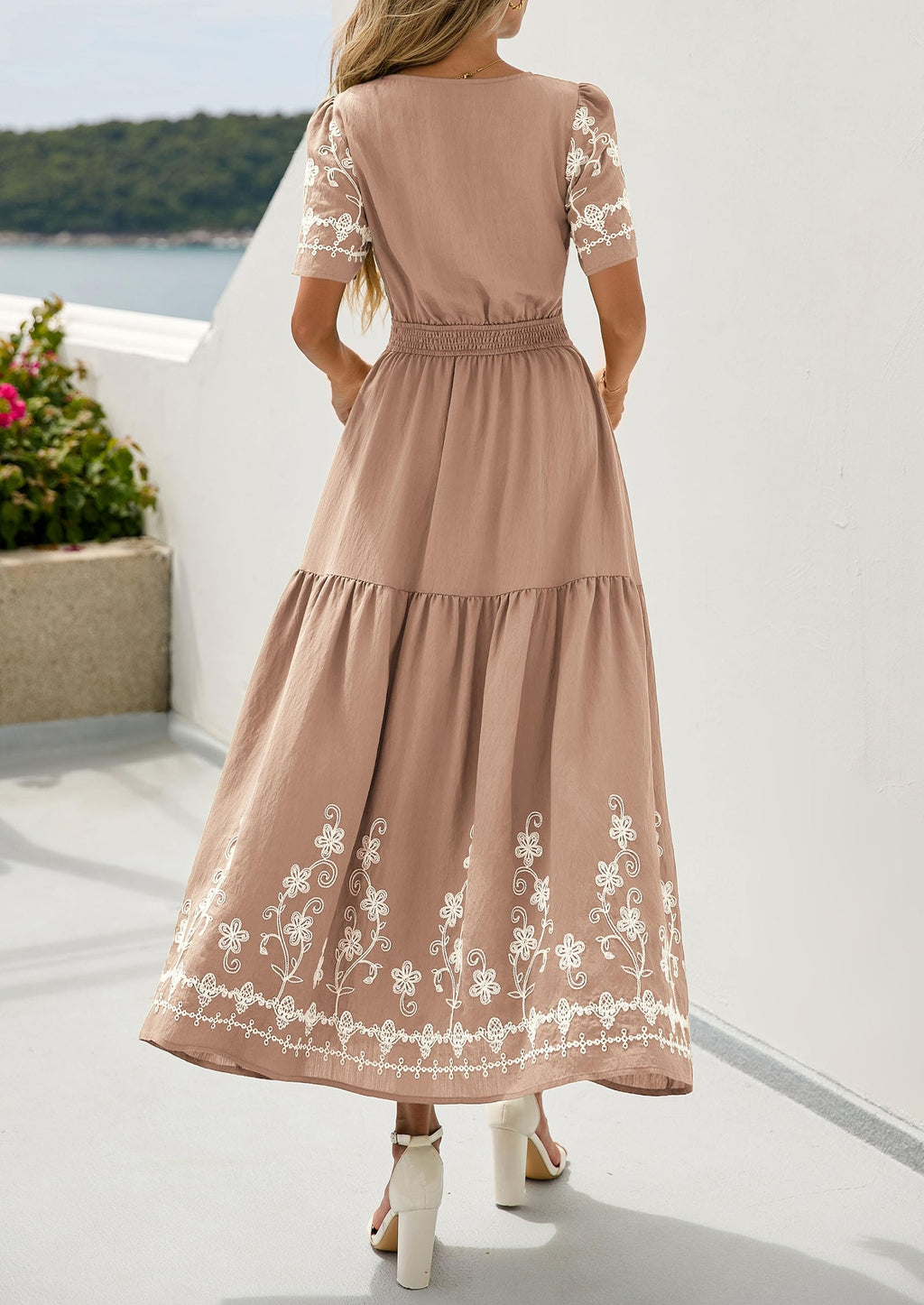 PRETTYGARDEN Women's Summer Boho Maxi Dress Spring Floral Short Sleeve V Neck A Line Flowy Beach Wedding Guest Dresses