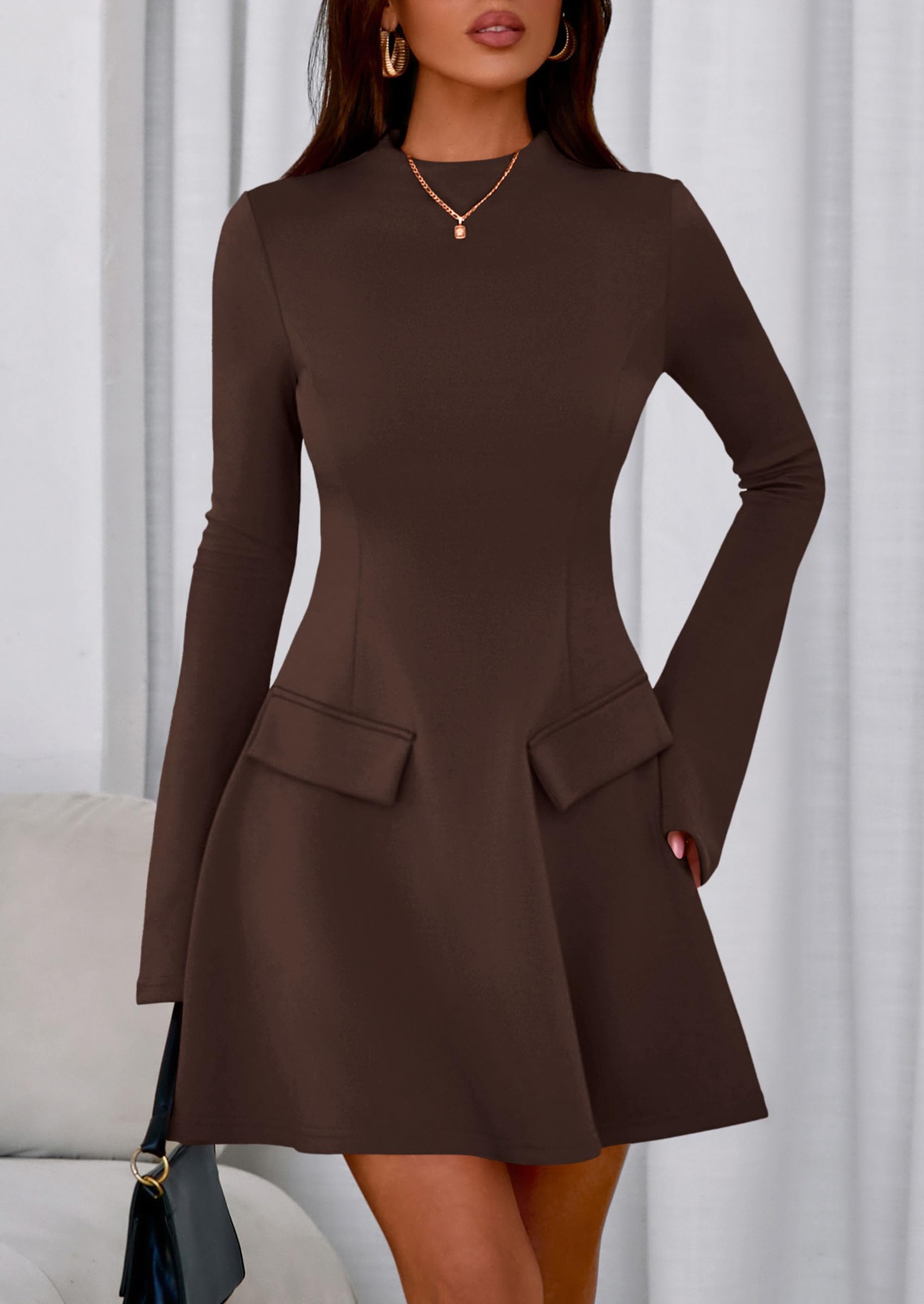 PRETTYGARDEN Women's Elegant Holiday Short Dress  Fall Bell Long Sleeve Mock Neck Work Business Casual Party Mini Dress