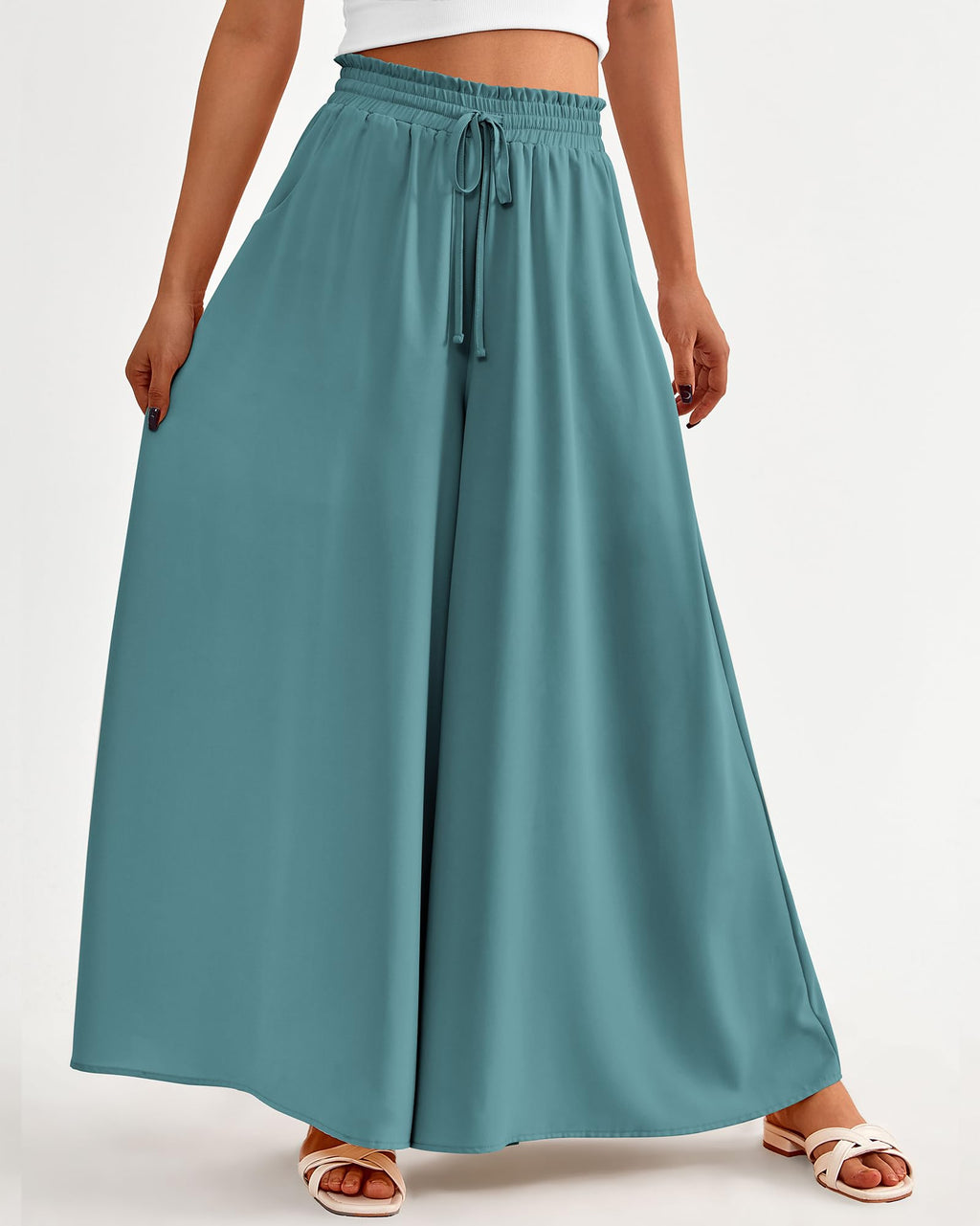 BTFBM Women Casual High Waist Wide Leg Pants Spring Summer Long Palazzo Pants Pocket Lounge Beach Vacation Clothes