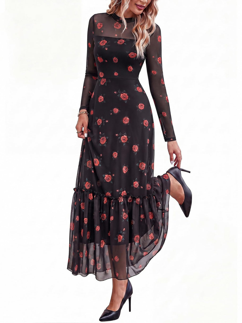 BTFBM Boho Mesh Long Sleeve Dress for Women | Mock Neck, Floral, A Line, Tiered, Graduation, Wedding, Cocktail Maxi Dresses, Fall Fashion, Resort Wear