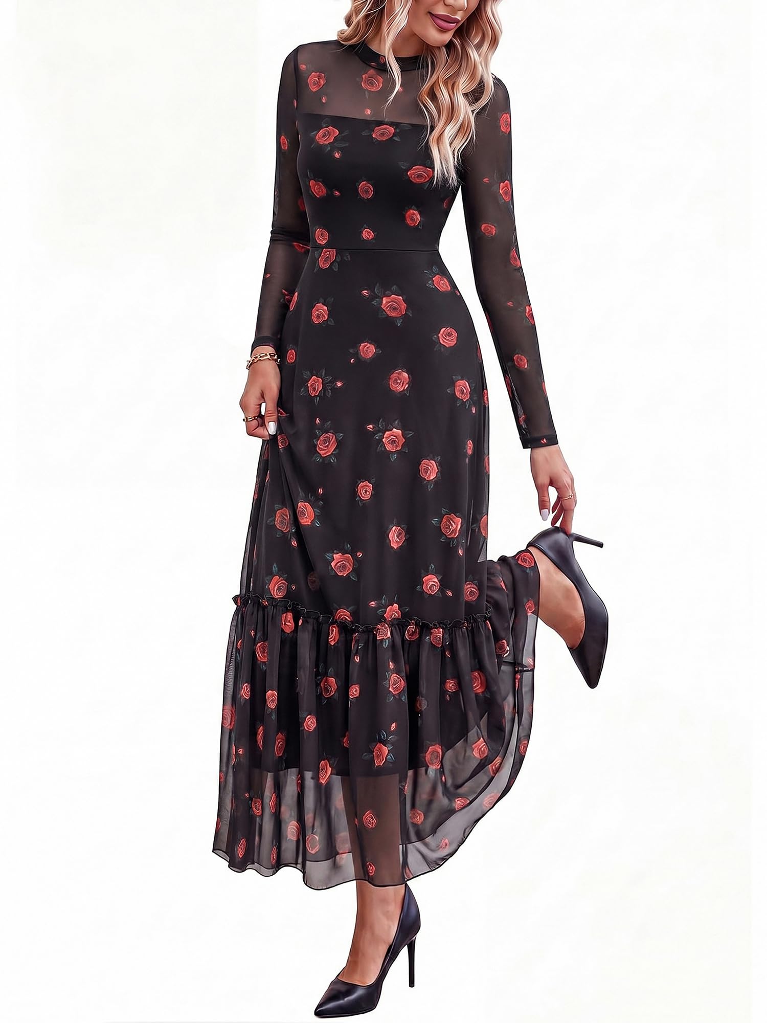 BTFBM Boho Mesh Long Sleeve Dress for Women | Mock Neck, Floral, A Line, Tiered, Graduation, Wedding, Cocktail Maxi Dresses, Fall Fashion, Resort Wear