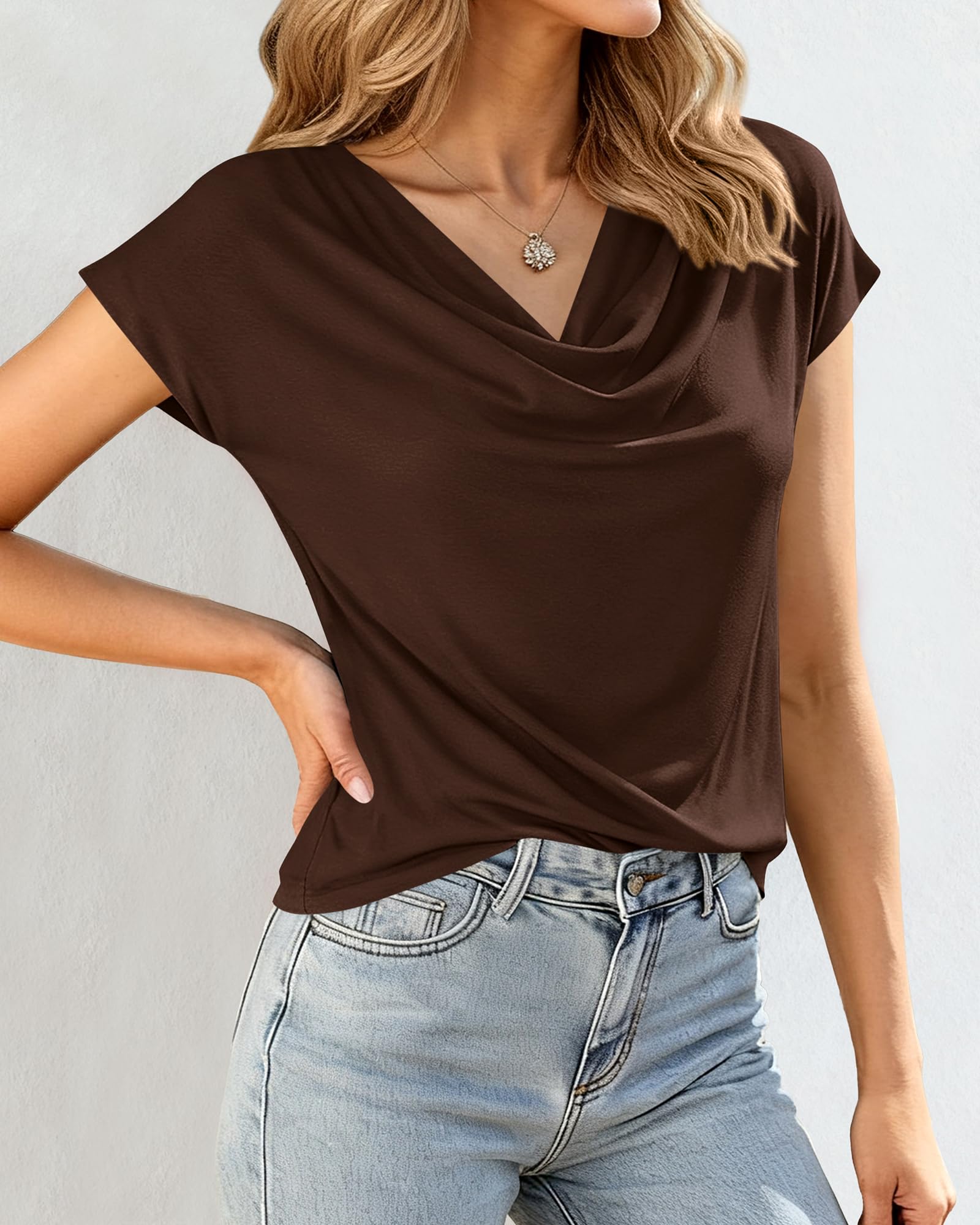 FreshPretty Blouses for Women Dressy Casual Spring Summer Tops Cowl Neck Short Sleeve Shirts Work Office Business Outfits