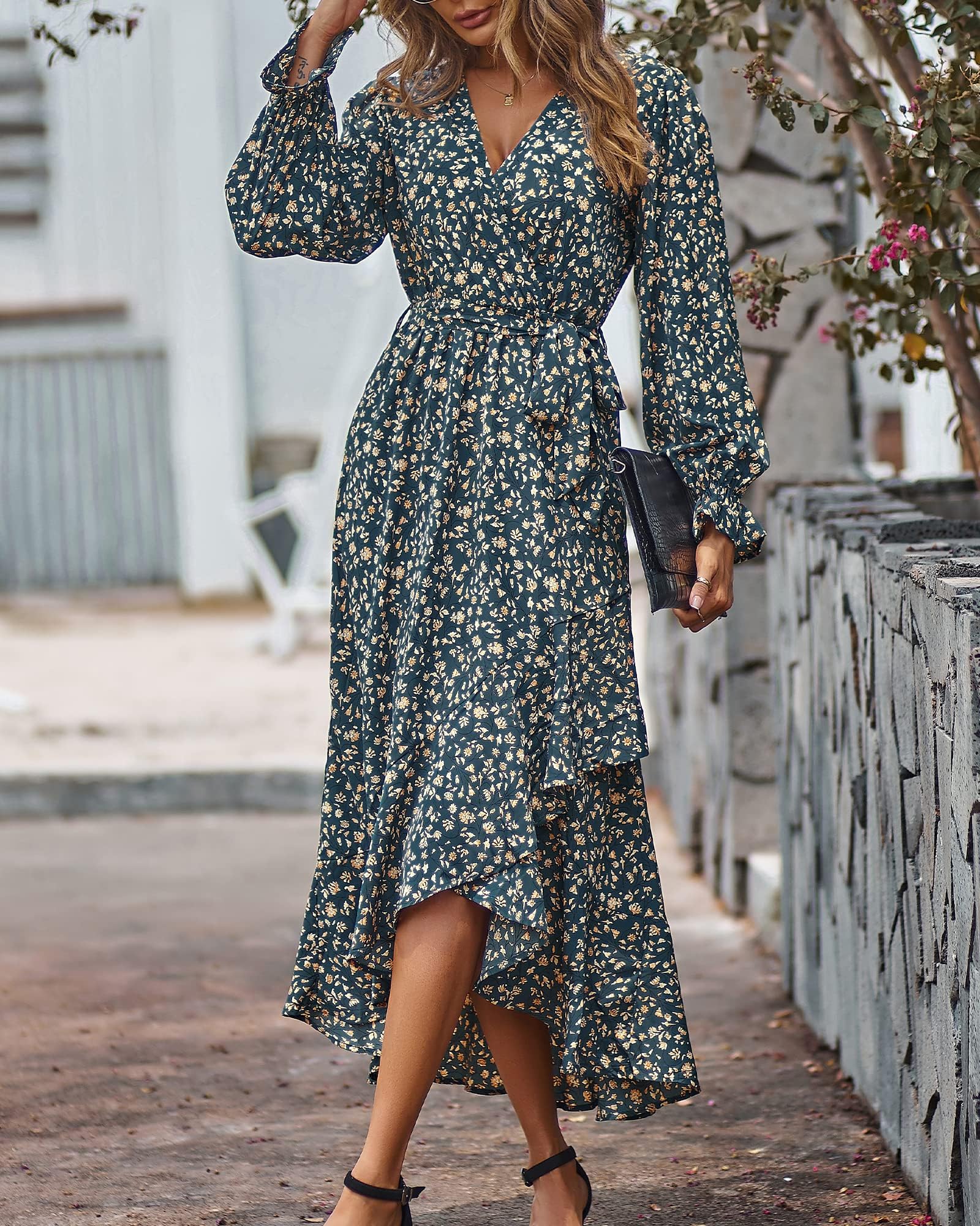 BTFBM Womens Dresses Summer V Neck Floral High Waist Ruffle Wedding Guest Cocktail Boho Spring Long Sleeve Dress