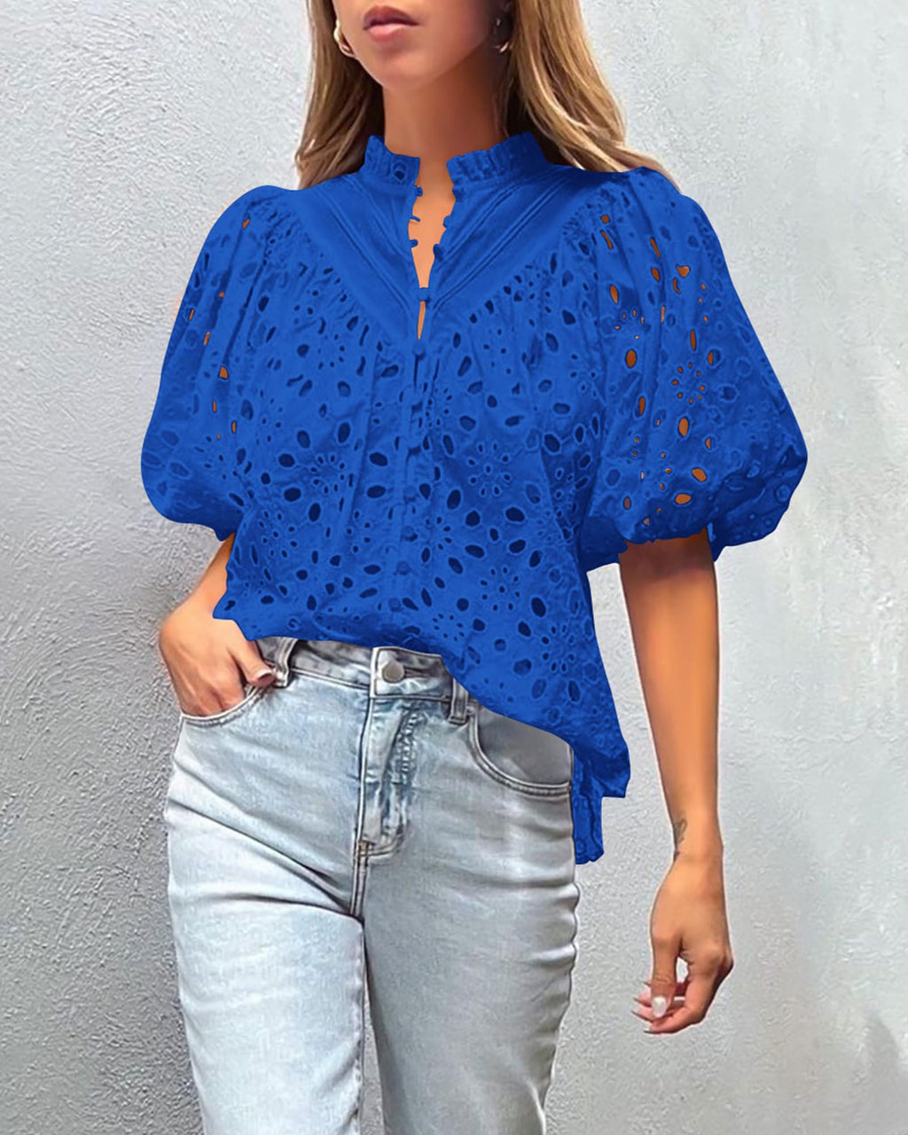 PRETTYGARDEN Women's Summer Tops Dressy Casual Short Sleeve V Neck Buttons Hollow Out Lace Embroidered Blouses Shirts