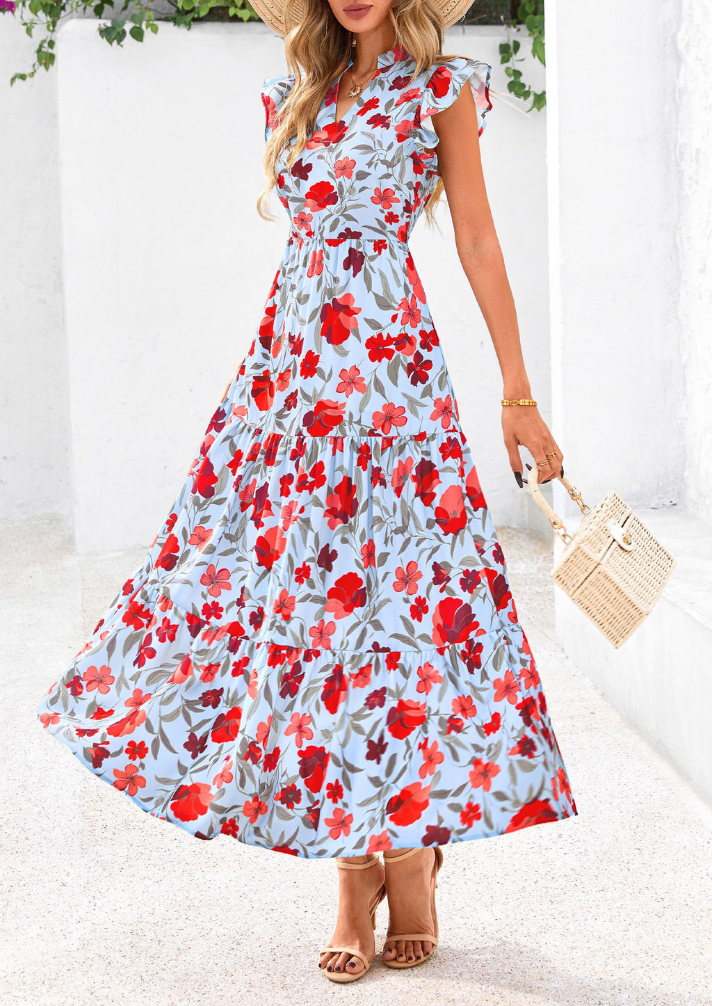 Visit the PRETTYGARDEN Store PRETTYGARDEN Women's Summer Floral Midi Dress Cap Sleeve V Neck Ruffle Long Flowy Boho Casual Beach Vacation Dresses