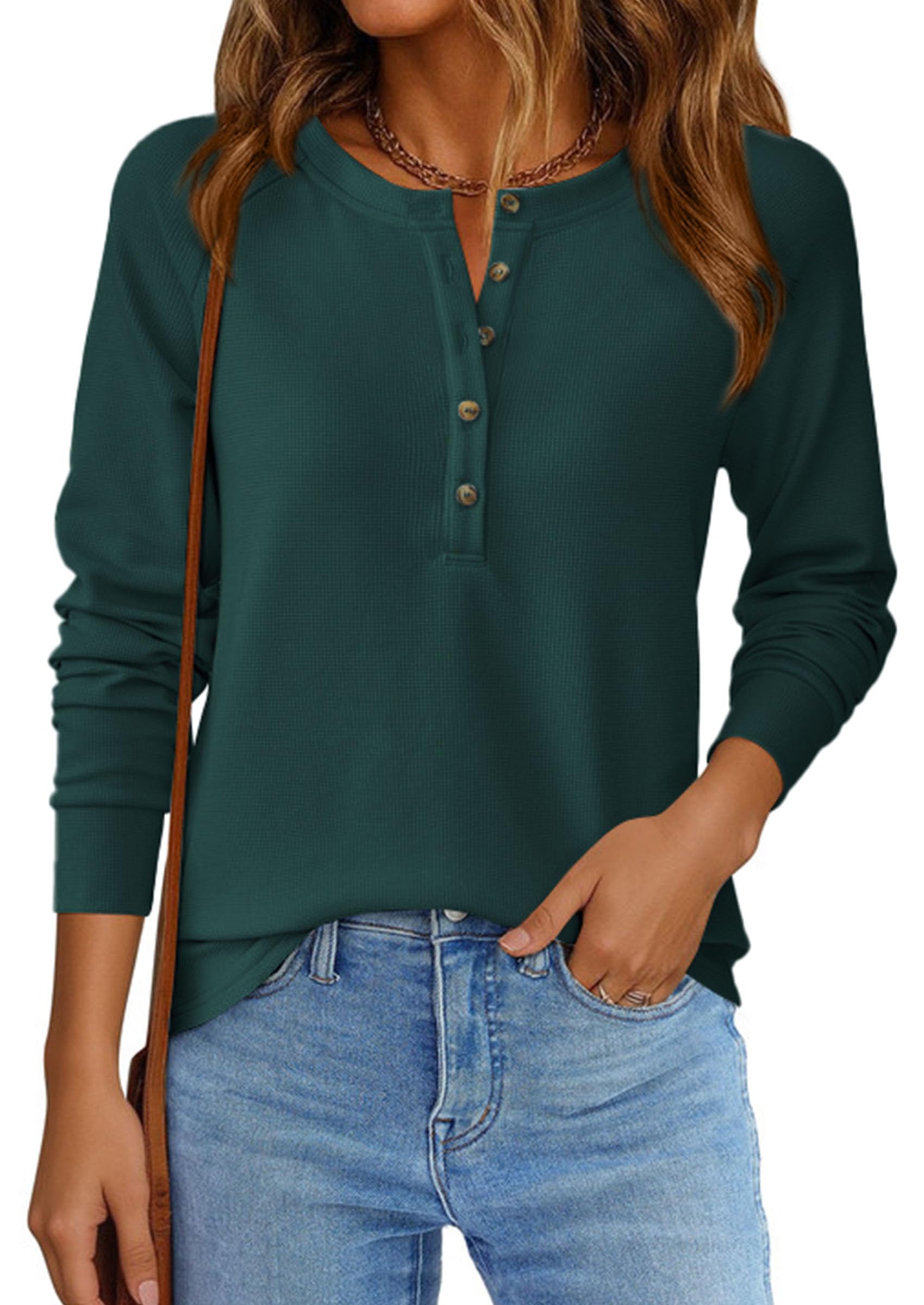 PRETTYGARDEN Women's Long Sleeve Waffle Knit Shirts Fall Casual Button Up Henley V Neck Tunic Tops Loose Fit Basic Tees