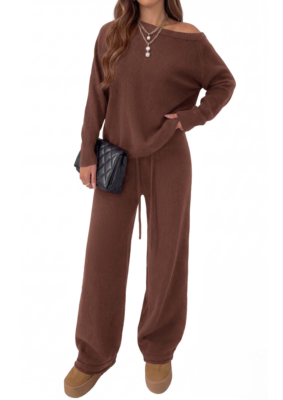 PRETTYGARDEN Lounge Sets Womens Sweaters Two Piece Outfits Cozy Boat Neck Long Sleeve Tops, Wide Leg Pants with Drawstring, Casual Fall Fashion Airport & Travel, Knit Matching Set