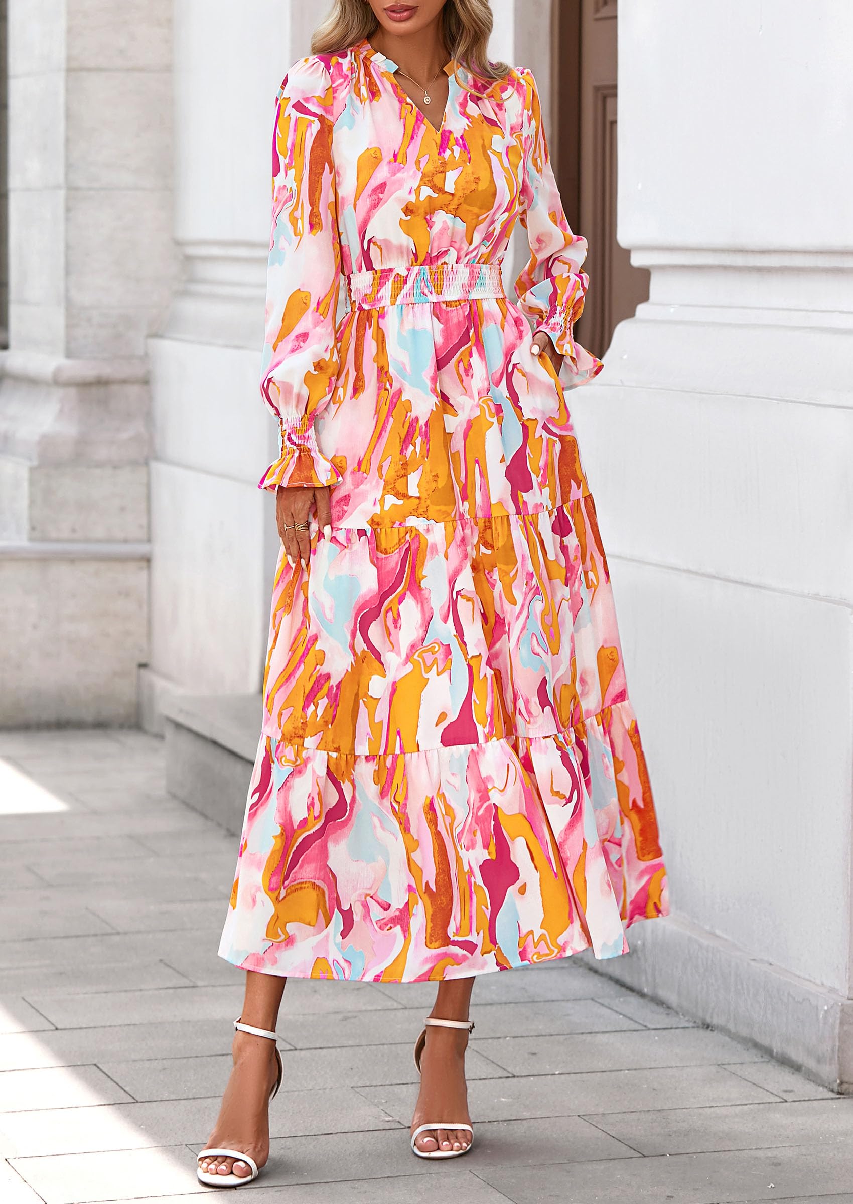 PRETTYGARDEN Women's Floral Maxi Dress Fall Long Sleeve V Neck Casual A Line Long Flowy Boho Party Dresses