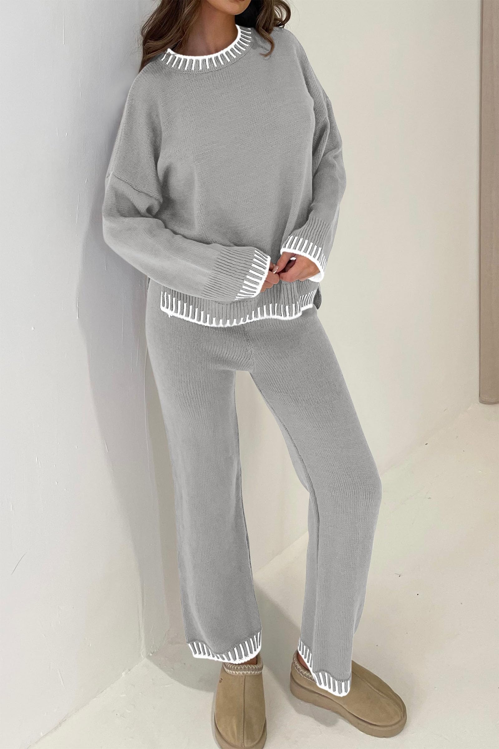 PRETTYGARDEN Women's 2 Piece Knit Sweater Outfit Casual Long Sleeve Pullover Wide Leg Pants Tracksuit Loungewear Set