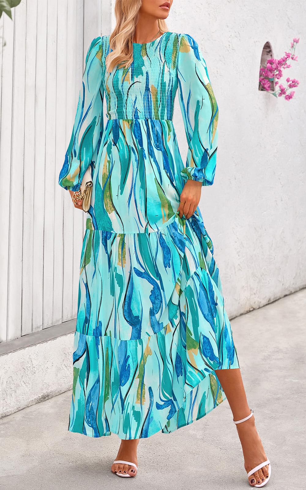 PRETTYGARDEN Women's Fall Dresses Long Sleeve Flowy Casual Floral Maxi Dress Crew Neck Smocked Tiered Long Dress