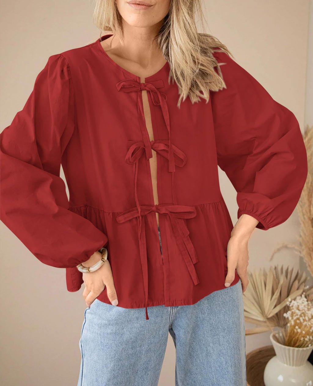 PRETTYGARDEN Women's Spring Fall Babydoll Peplum Blouse Shirt Puff Long Sleeve Bow Tie Front Trendy Cute Y2K Going Out Tops