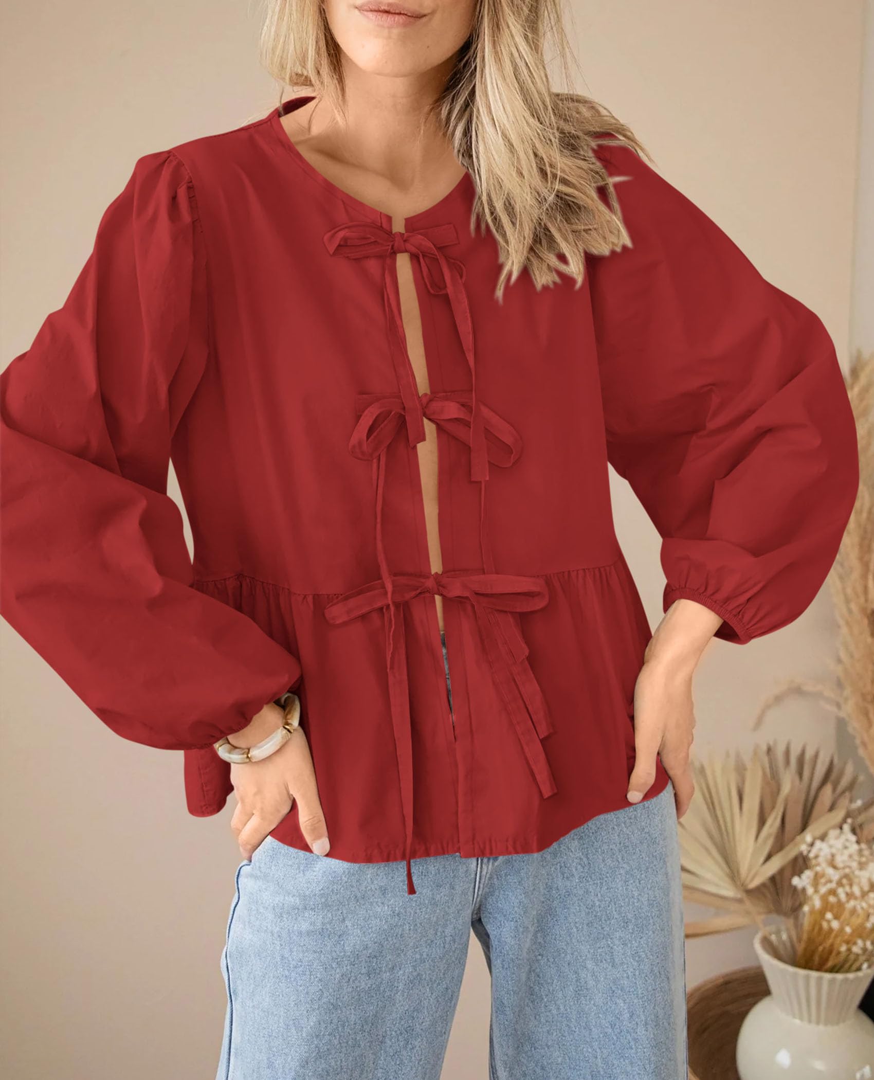 PRETTYGARDEN Women's Spring Fall Babydoll Peplum Blouse Shirt Puff Long Sleeve Bow Tie Front Trendy Cute Y2K Going Out Tops