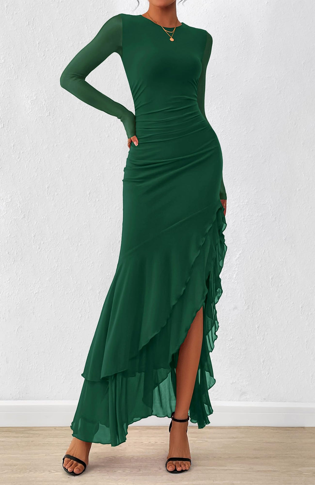 BTFBM Women's Maxi Dresses Fall Long Sleeve Wedding Guest Dress Mesh,Ruched,Bodycon,High Split,Solid Color,Ruffle, Mermaid,Cocktail Dresses,Prom,Party,Homecoming Dress,Fall Outfits