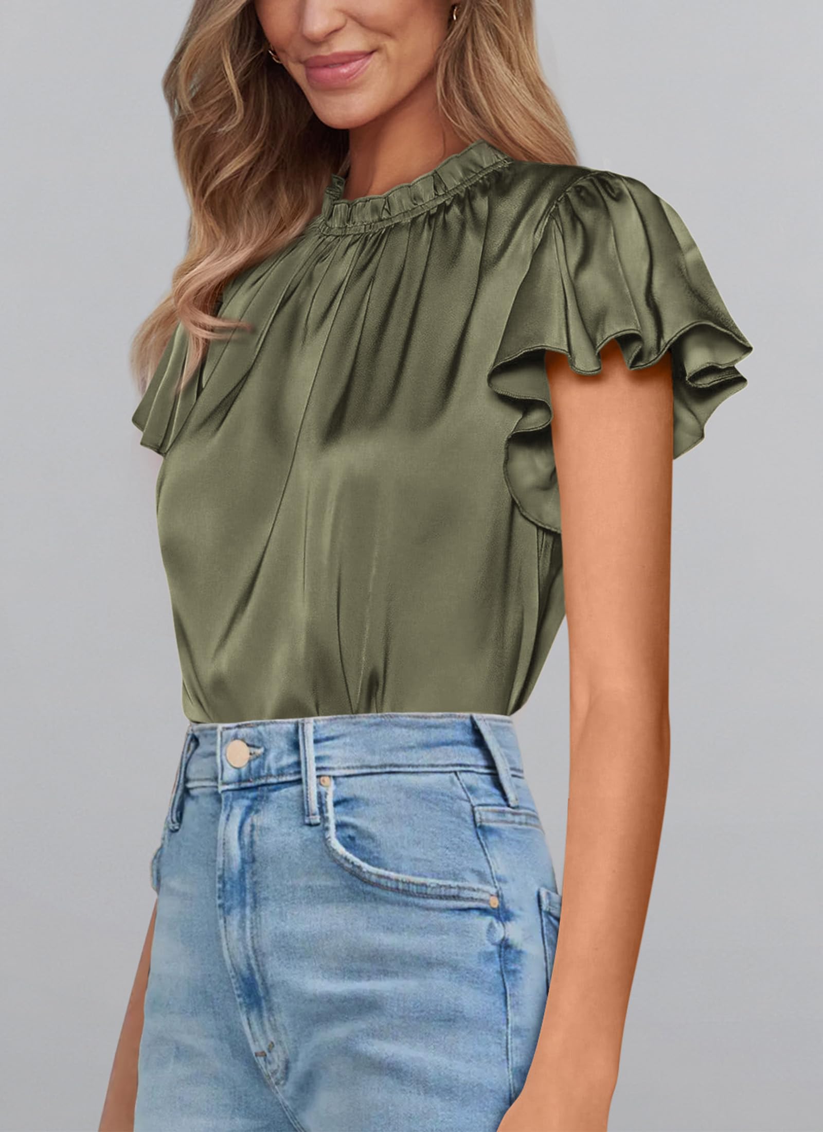 PRETTYGARDEN Business Casual Tops for Women Blouses Dressy  Summer Short Sleeve Ruffle Satin Work Office Attire