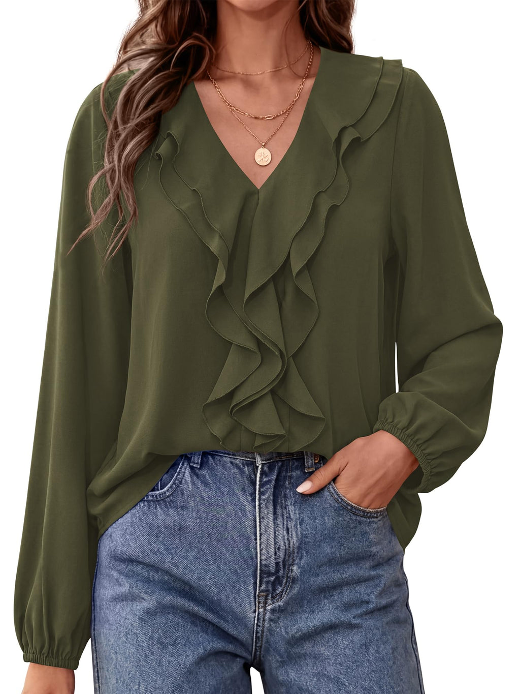 BTFBM Womens Fall Tops Ruffle Blouses Dressy Casual | Double Ruffled Collar V Neck Long Sleeve Shirts, Lightweight Fashion Clothing Trendy, Daily Business Office Work Clothes