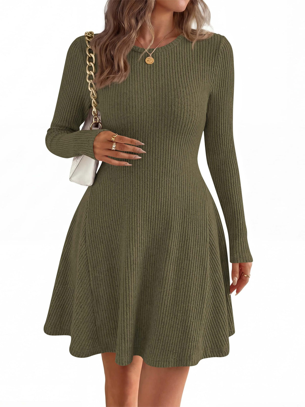 FreshPretty Womens Fall Long Sleeve Mini Sweater Dress,Fit and Flare Crewneck,Soft Lightweight Ribbed Knit,Casual A Line Short Cocktail Dresses,Elegant Fall Fashion Clothes