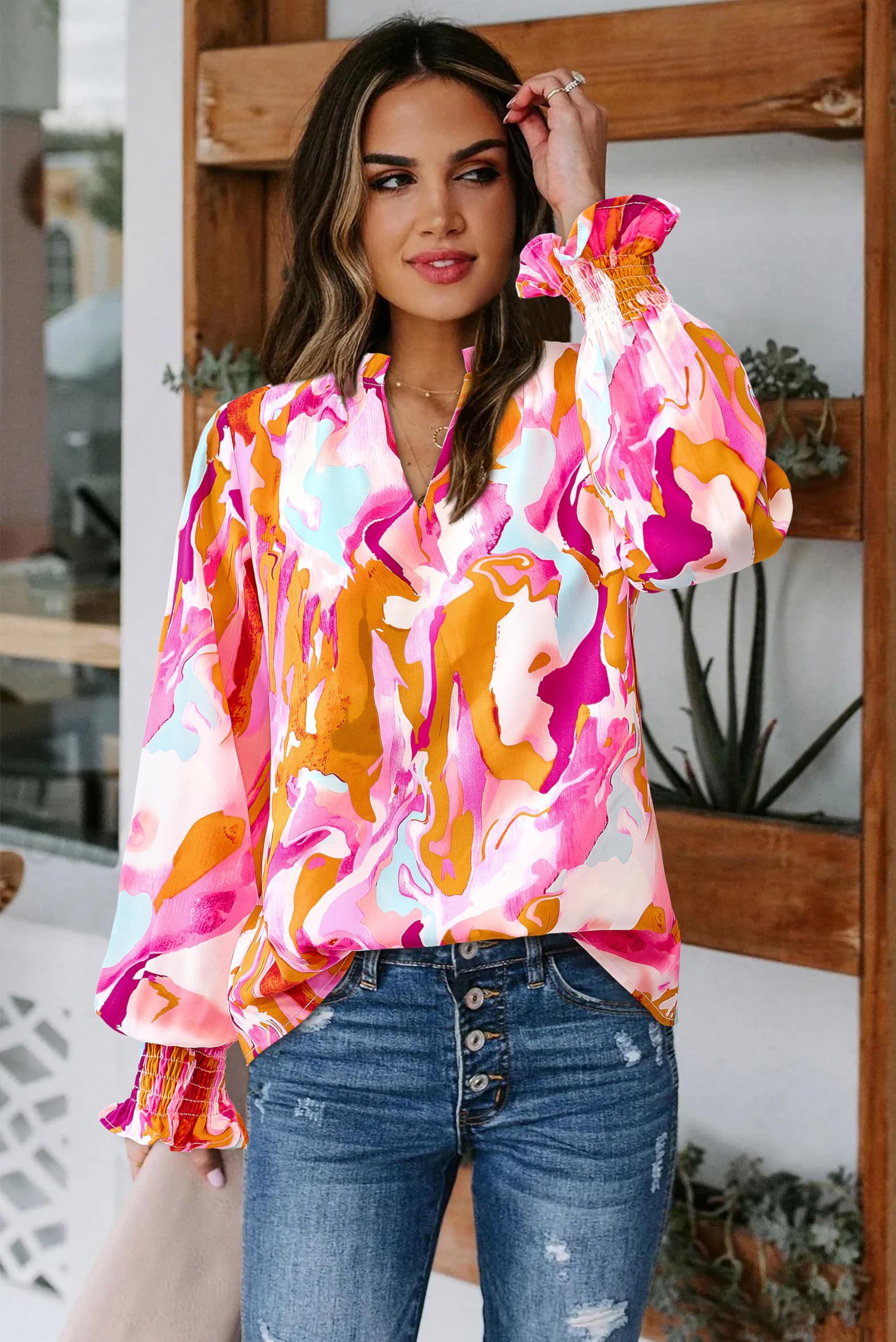 FreshPretty Womens V Neck Floral Long Sleeve Tops Summer Casual Loose Puff Sleeve Chiffon Boho Work Blouse Dressy T Shirts