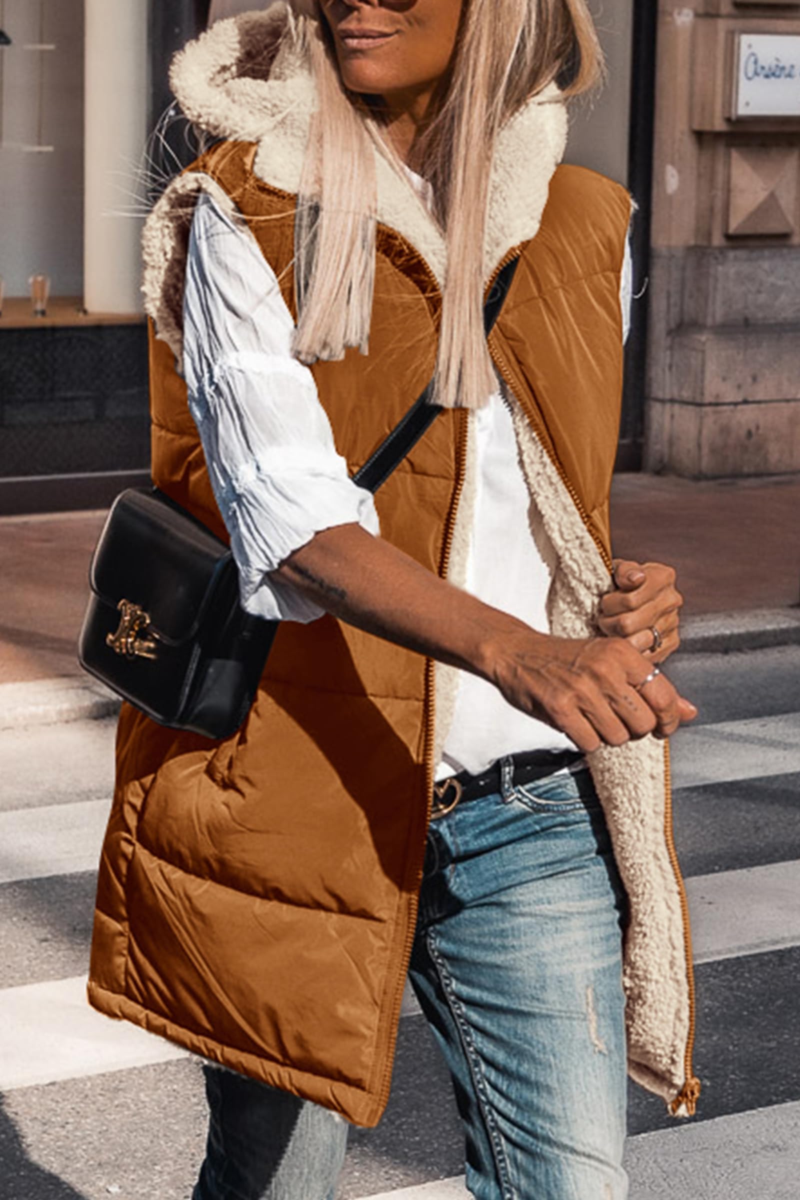 PRETTYGARDEN Womens Fall Reversible Long Vests Sleeveless Fleece Jacket Zip Up Hoodie Pockets Warm Coat Winter Clothing