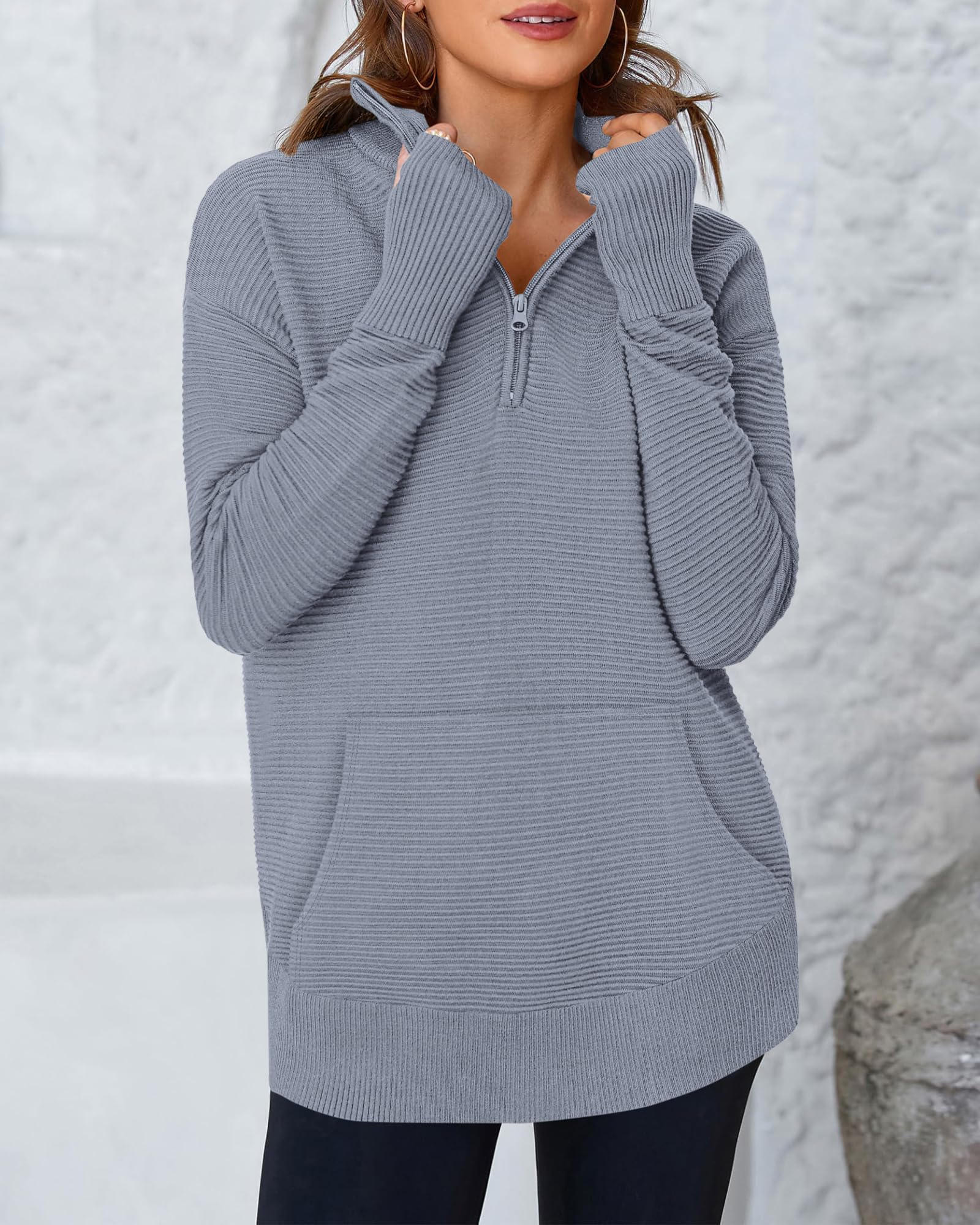 BTFBM Sweaters for Women Fall Clothes Pocket Quarter Zip Pullover V Neck Long Sleeve Knit Trendy Winter Sweater