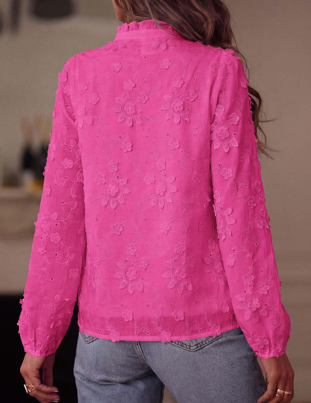 PRETTYGARDEN Women's Floral Embroidered Button Down Shirts | Ladies Dressy Fall Blouses, Long Sleeves, Ruffle Neck, Elegant Boho Eyelet Tops for Work, Business & Spring Casual Outings